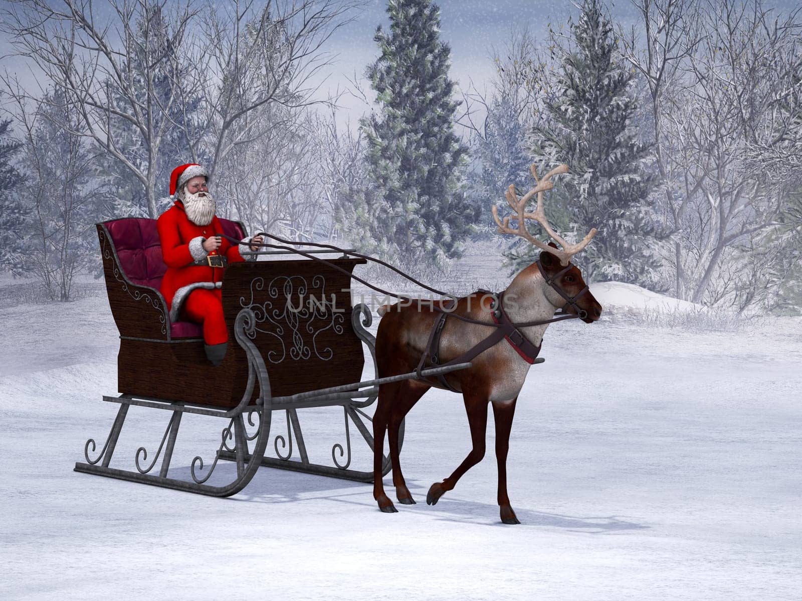 A reindeer pulling a sleigh with Santa Claus in it. The background is a beautiful snowy winter forest.