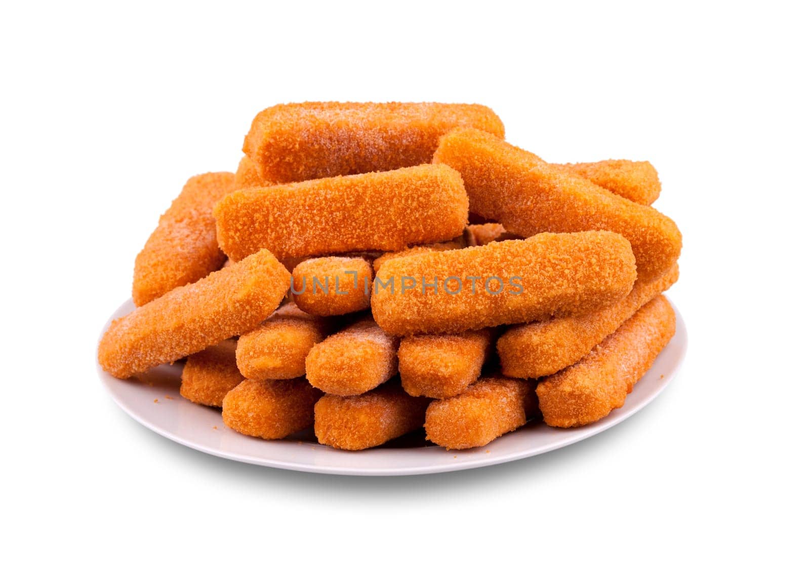 Fish fingers on a plate. Isolated white background.