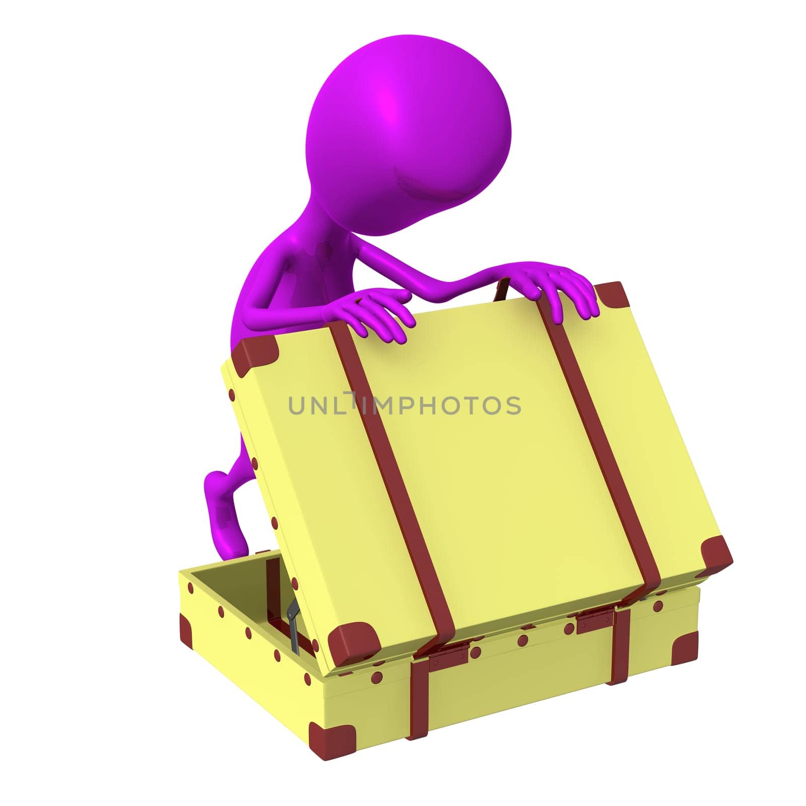 Side view puppet looking in squary suitcase dumply