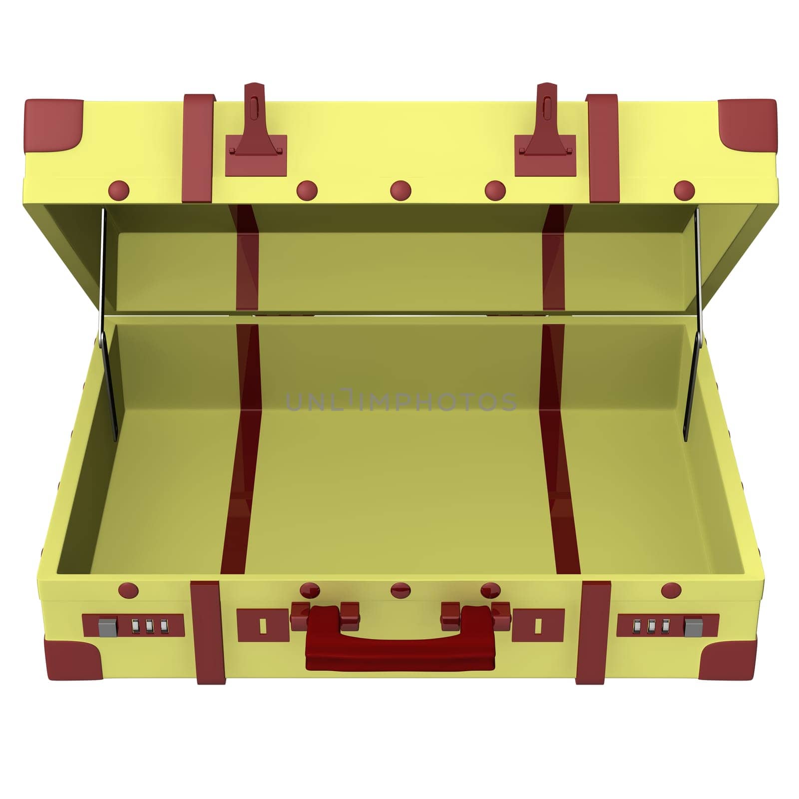 Front view opened suitcase with spots and handle
