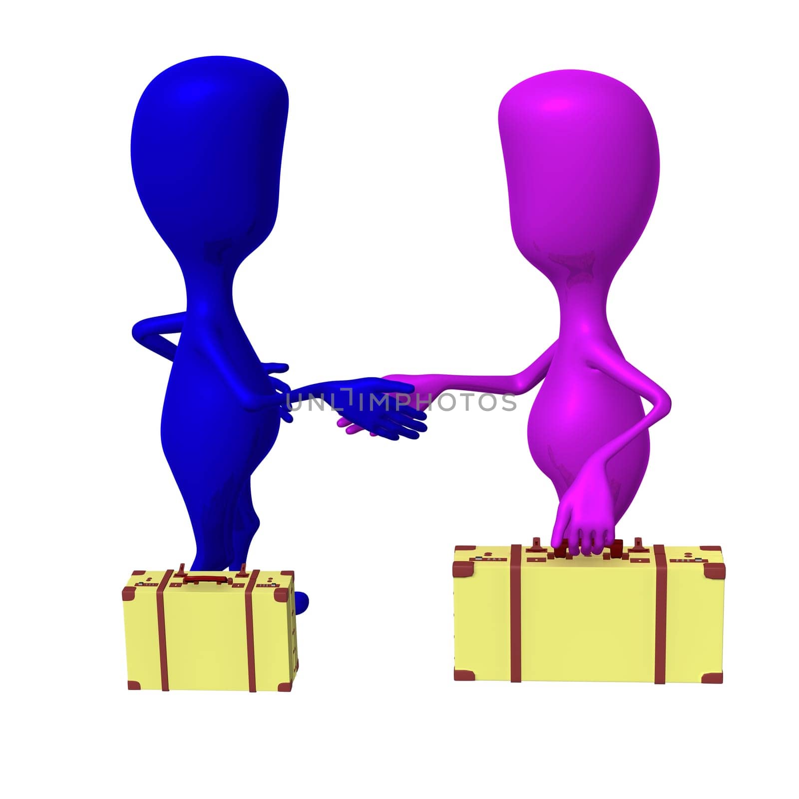 Side view puppet greet eachother with hand shaking