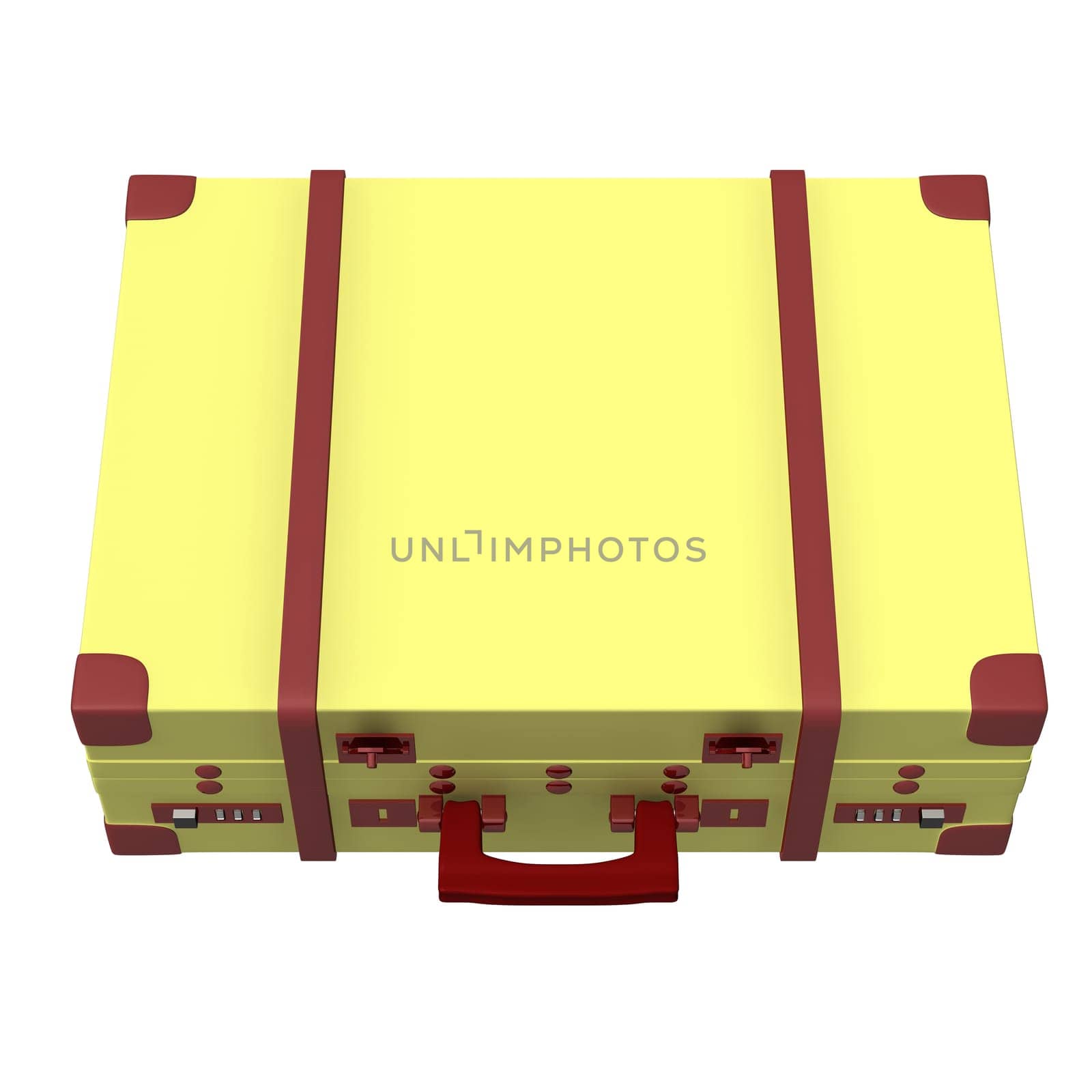 Over view suitcase with red spots and handle