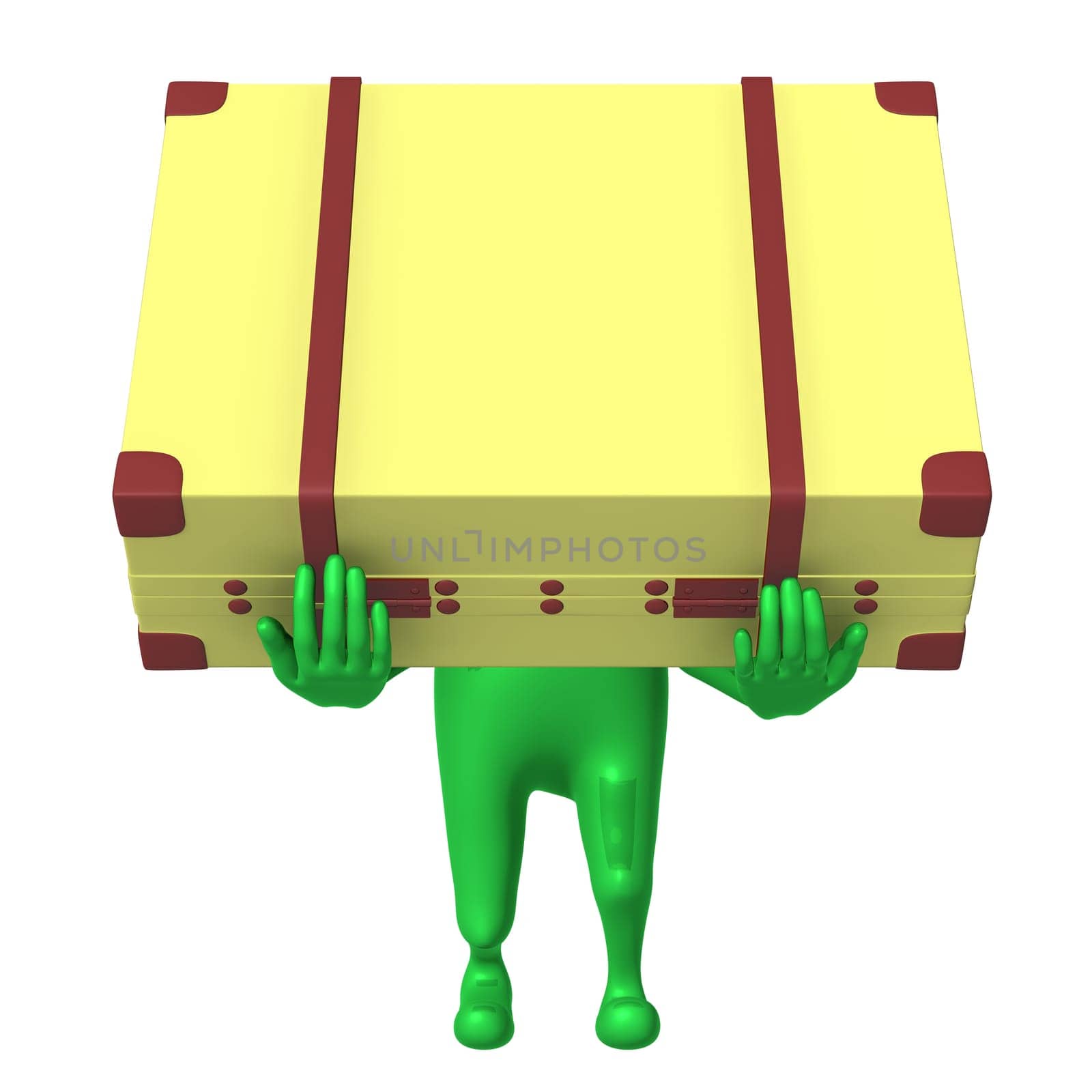 Front view puppet carry suitcase on his arms