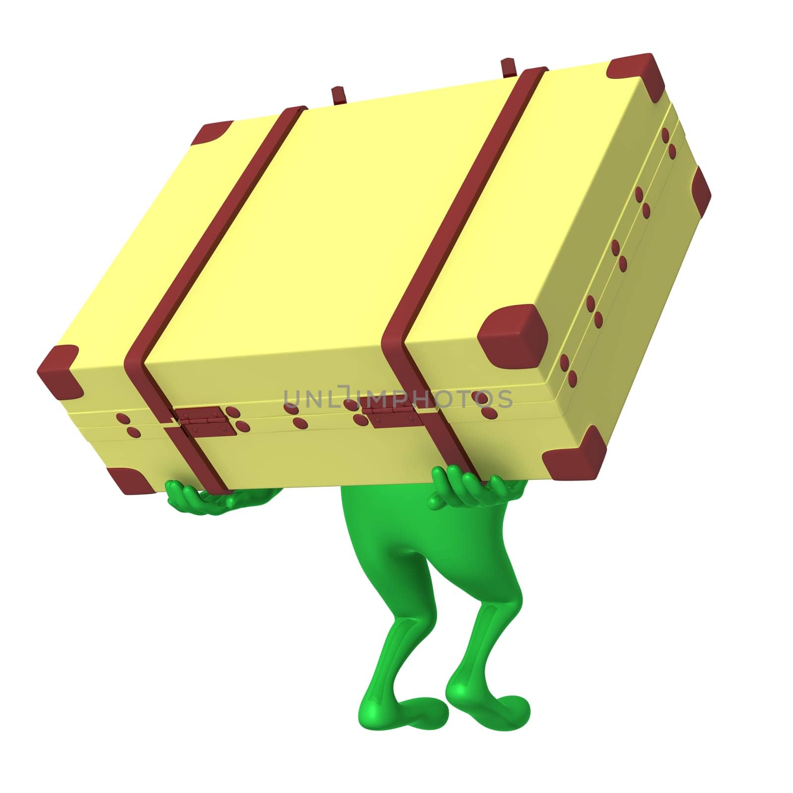 Behind view puppet carry suitcase on his back