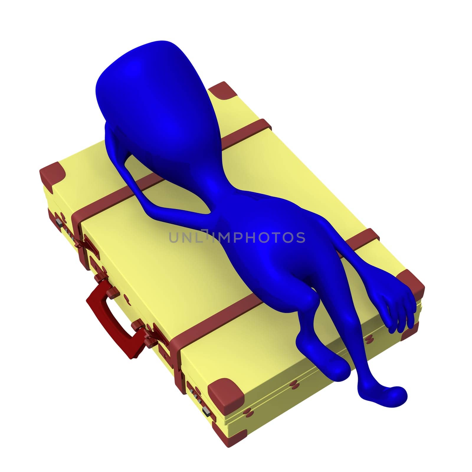 Over view blue puppet lay on squary suitcase