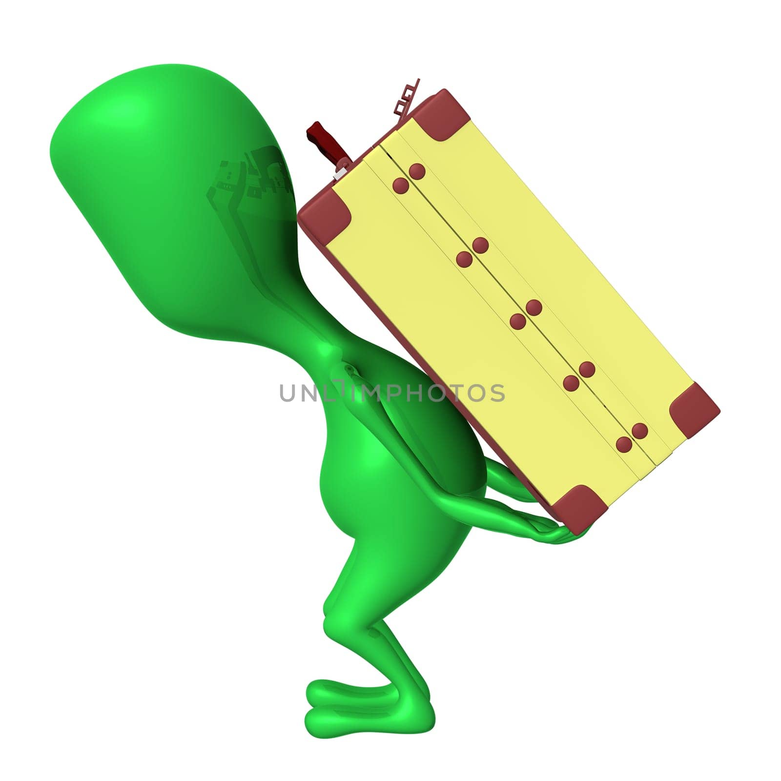Side view puppet carry suitcase on his back