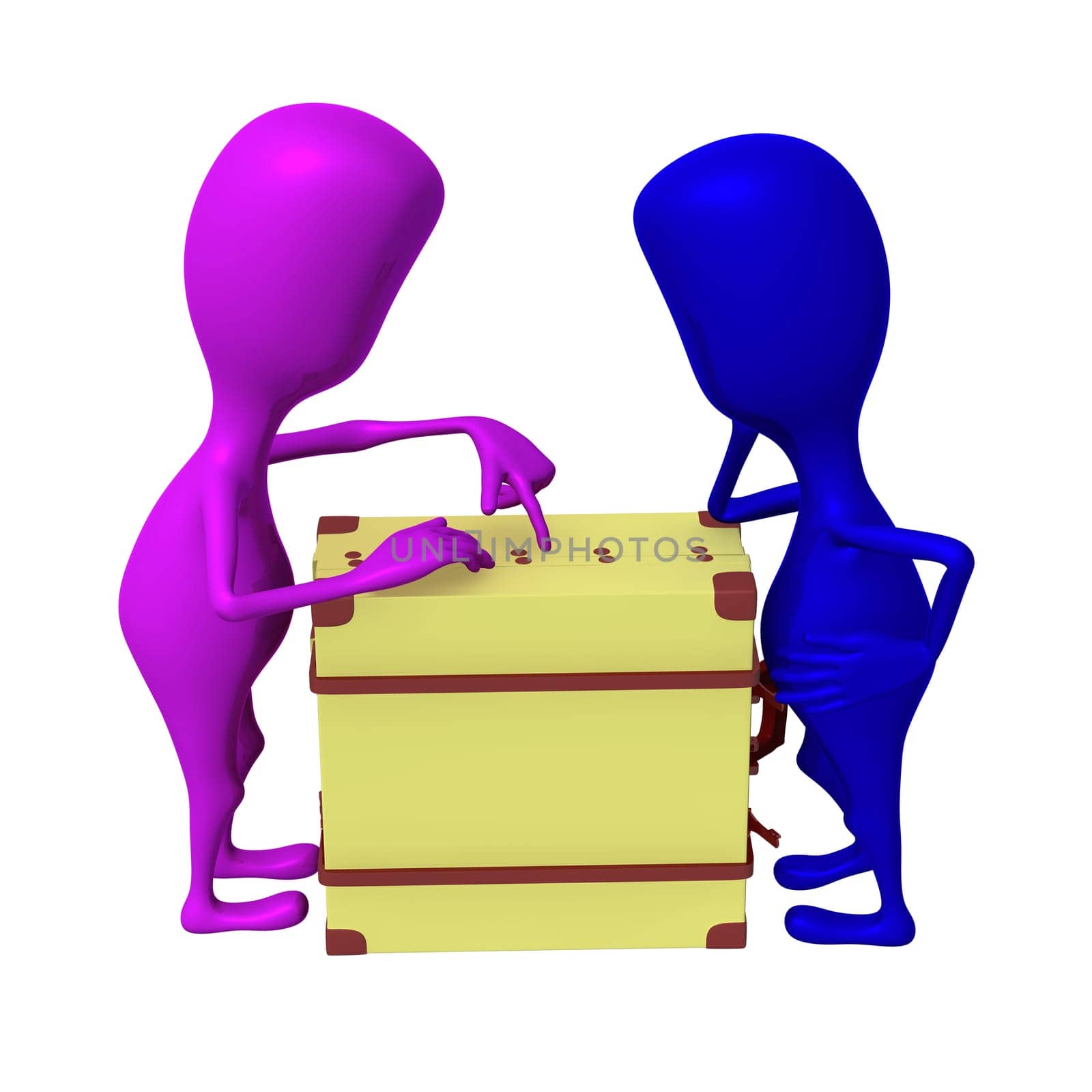 Side view puppets discuss over package in suitcase