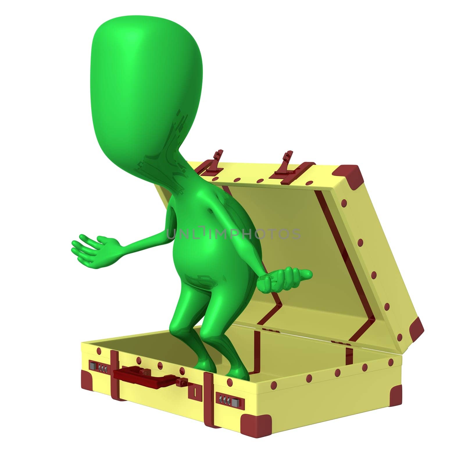 Side view puppet surprisingly jump out from suitcase