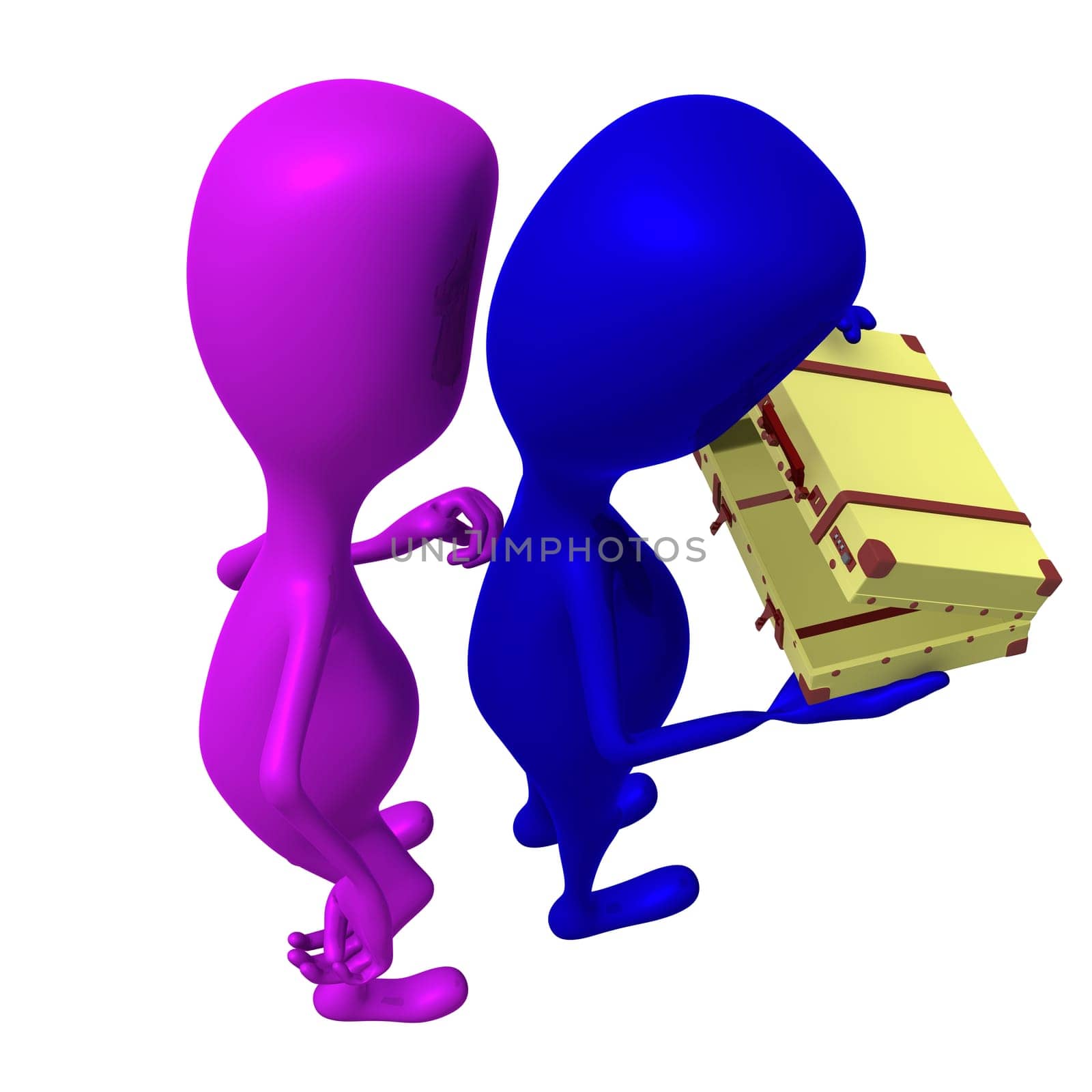 Behind view puppet open small case with caution