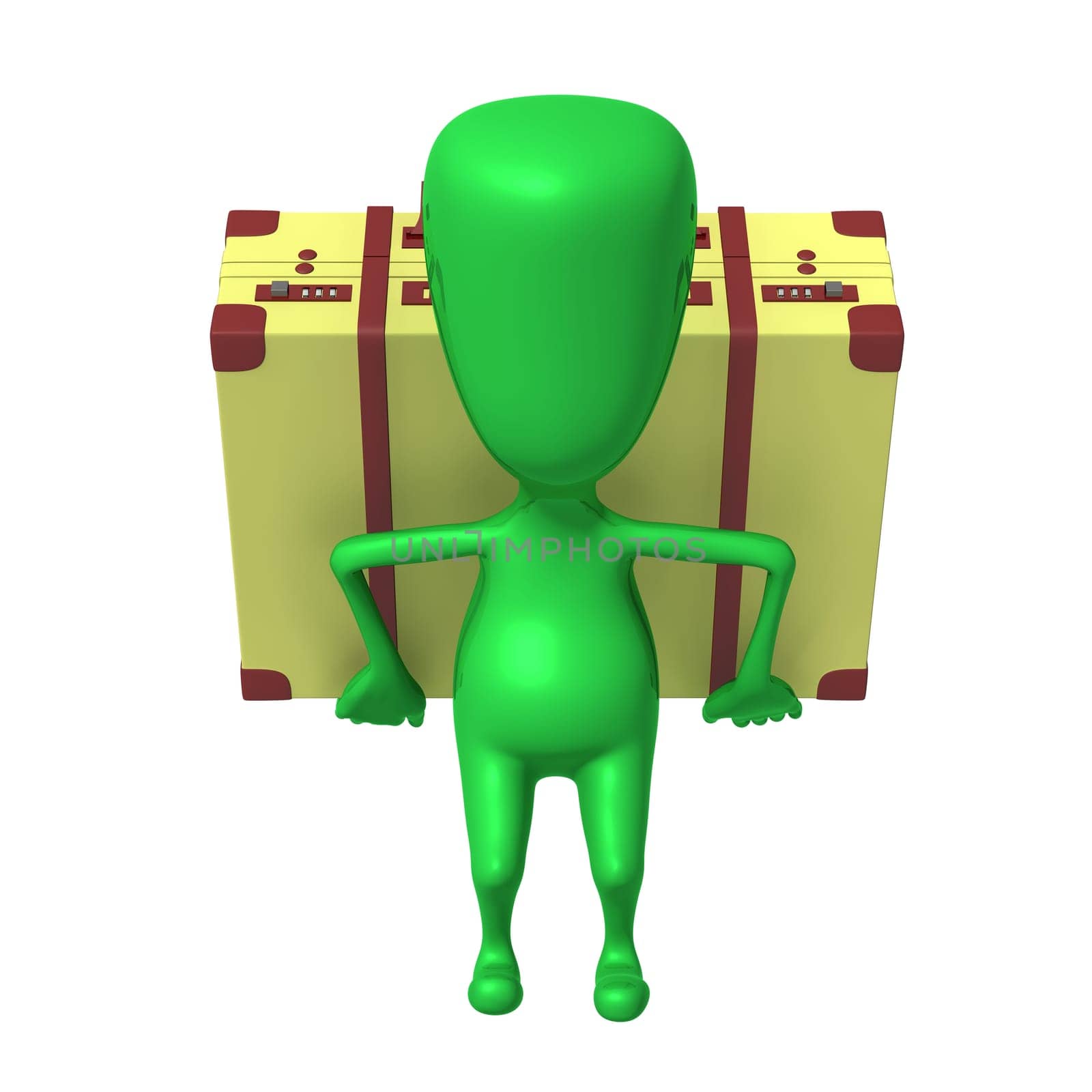 Front view puppet carry suitcase on his back
