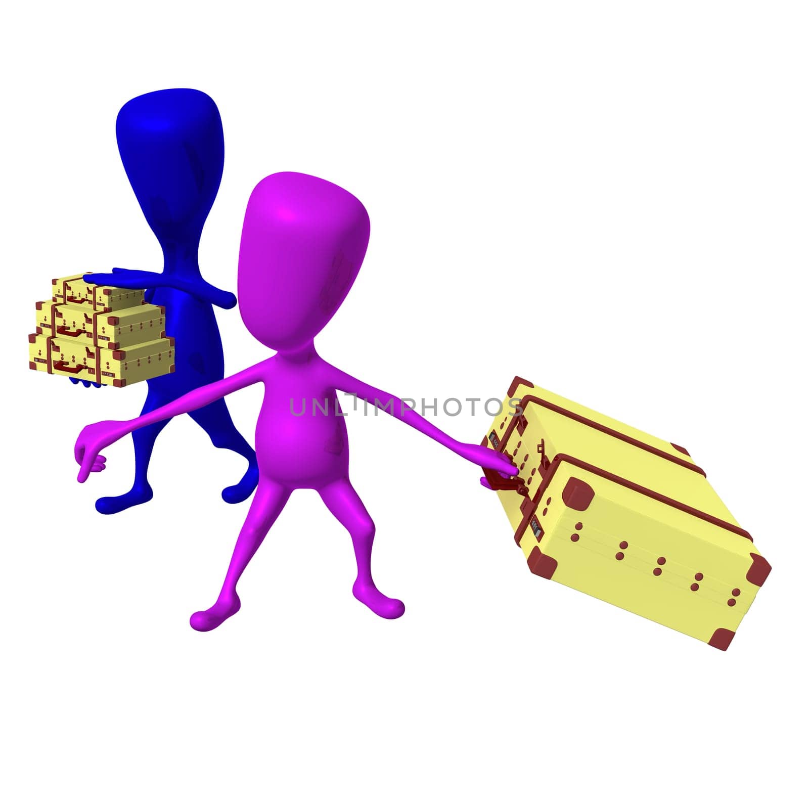 Side view puppet drags heavy case in hurry
