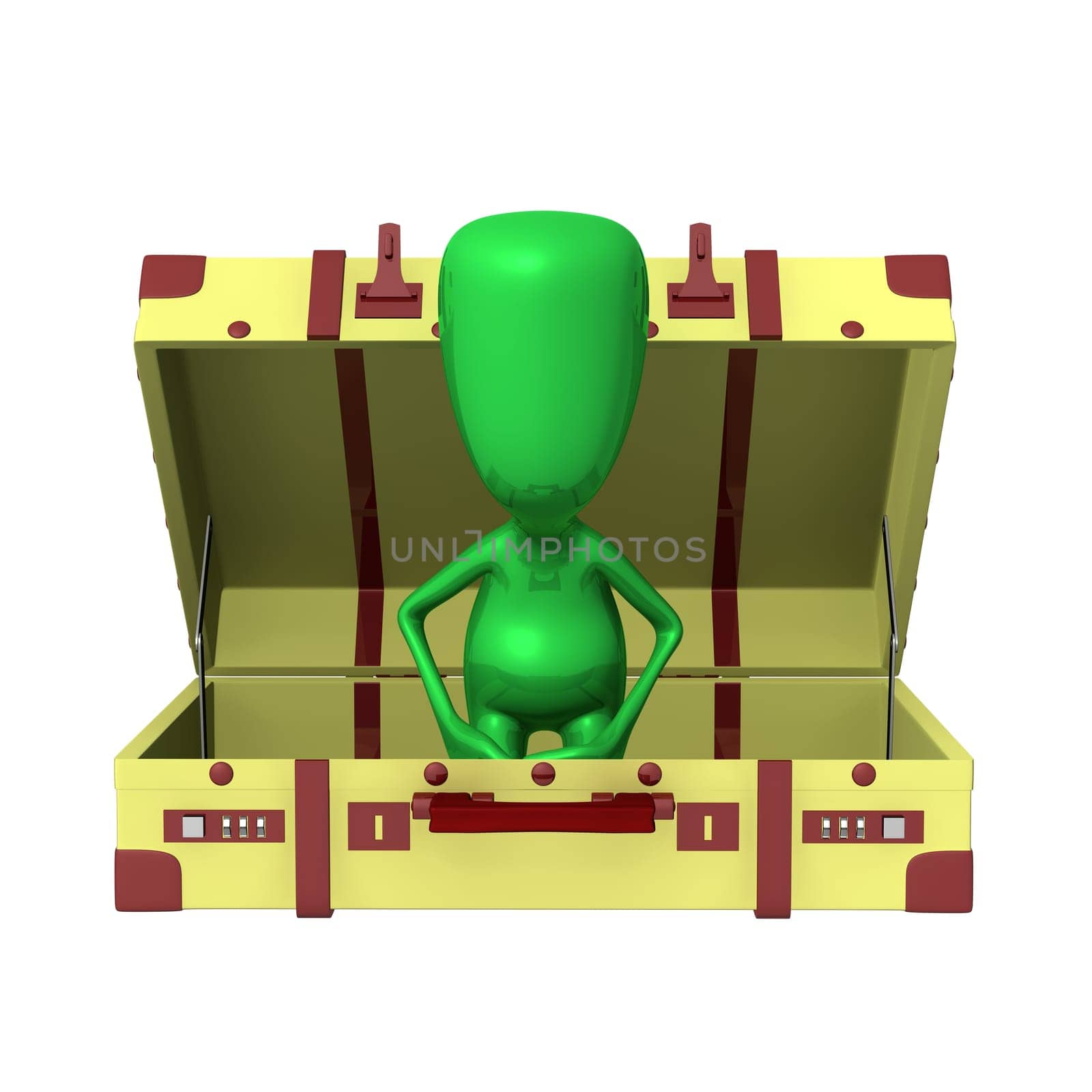 Front view green puppet sitting in opened suitcase