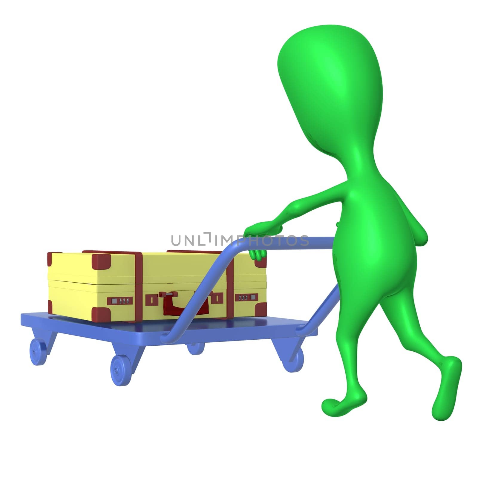 Side view green puppet push trolley with case