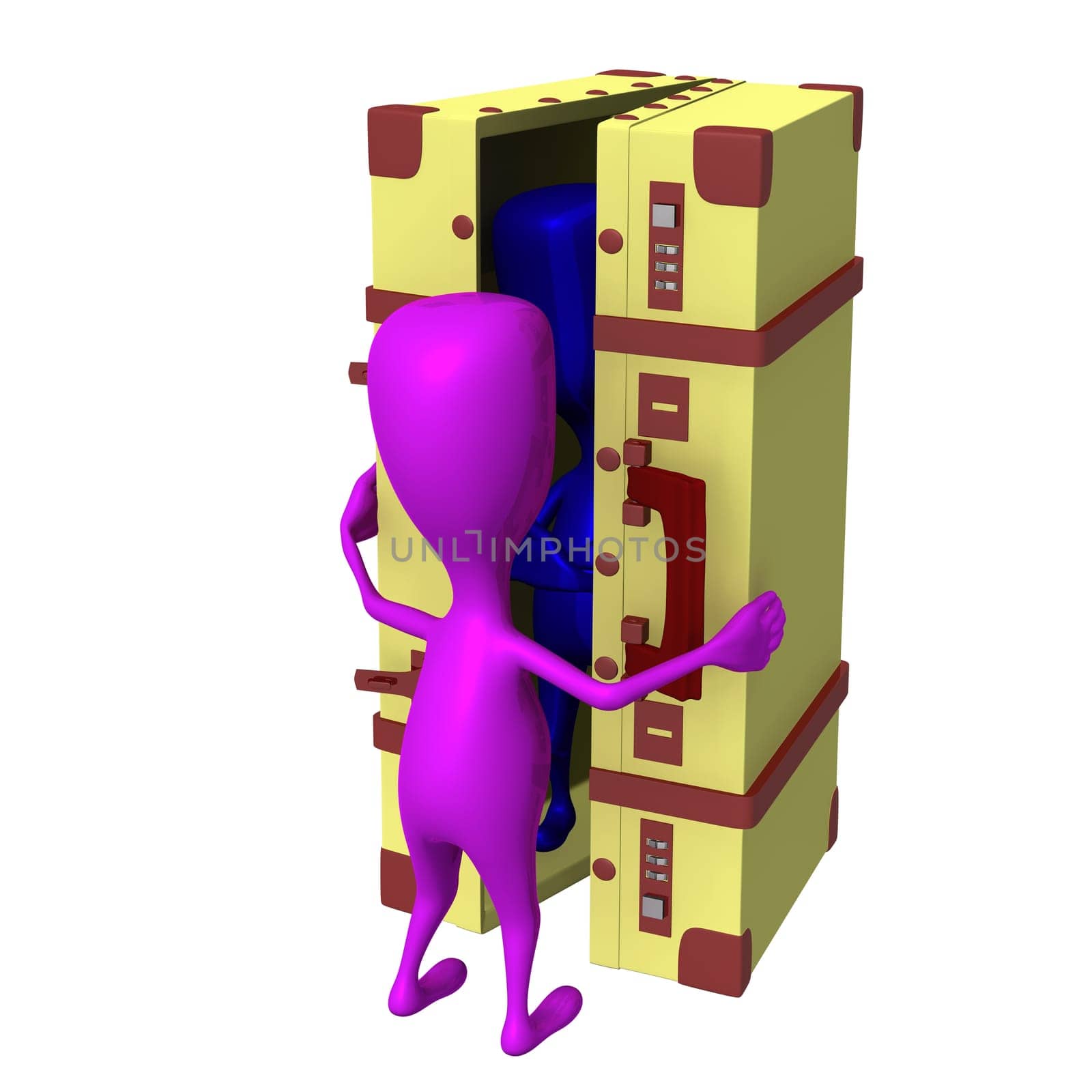Front view puppet close big suitcase another within