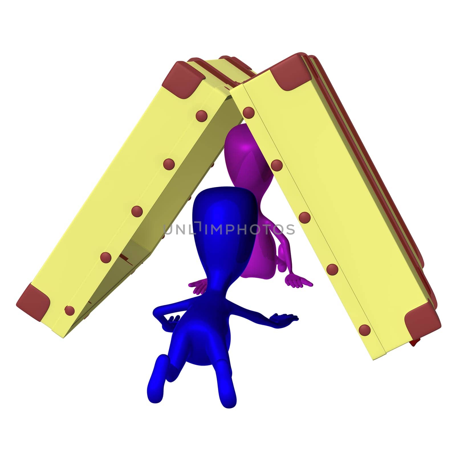Behind view blue puppet creep under opened case