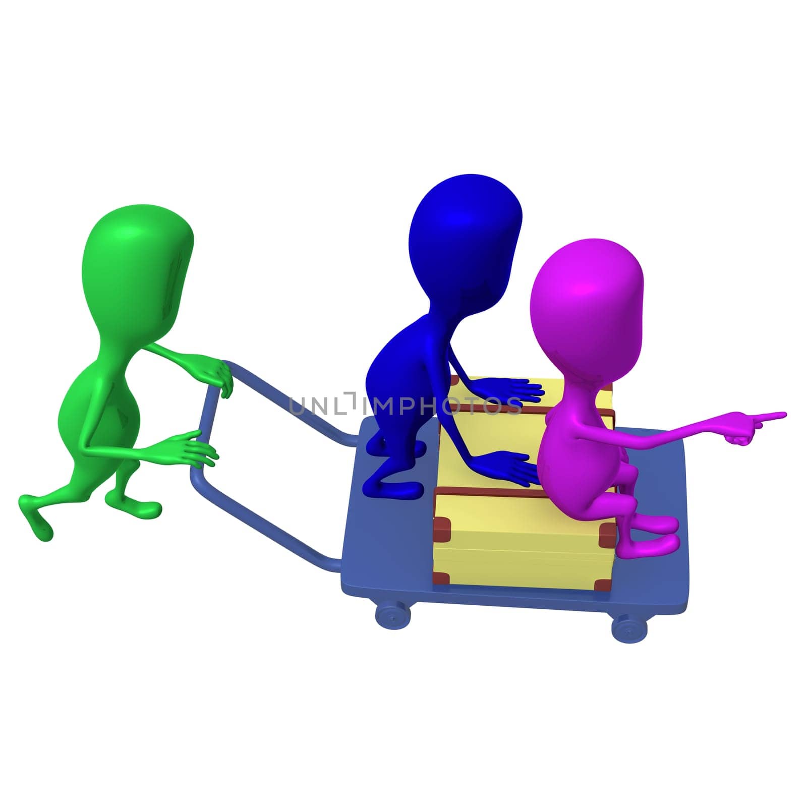 Side view green puppet ride friends on trolley