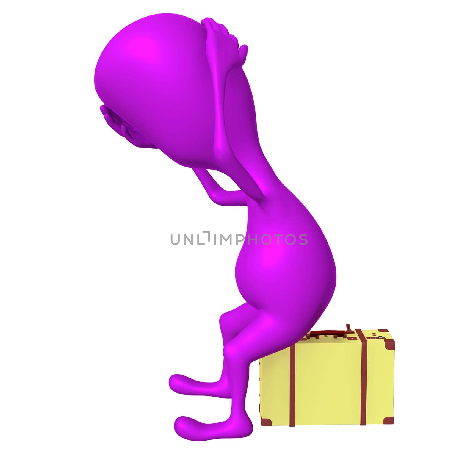Side view puppet feel badly on small suitcase
