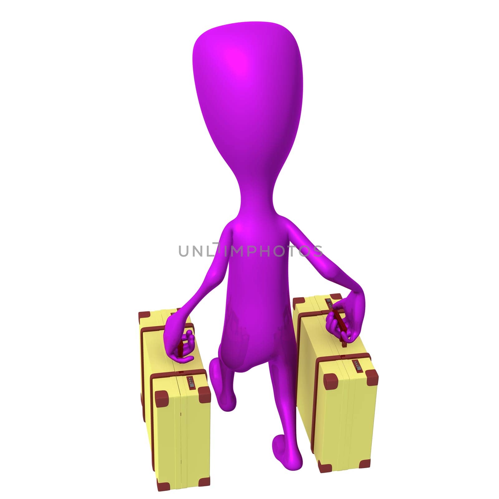Behind view puppet going on trip with cases