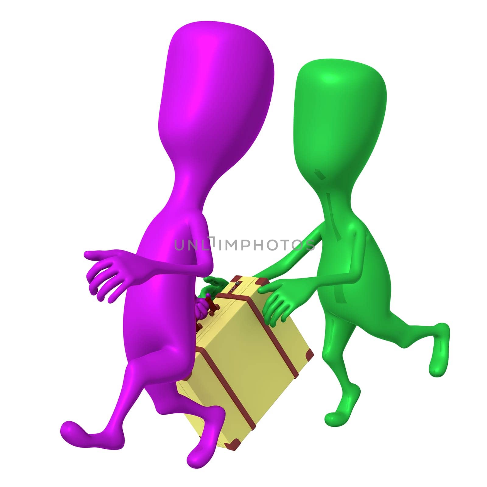 Angle view green puppet try stop  hurring pink