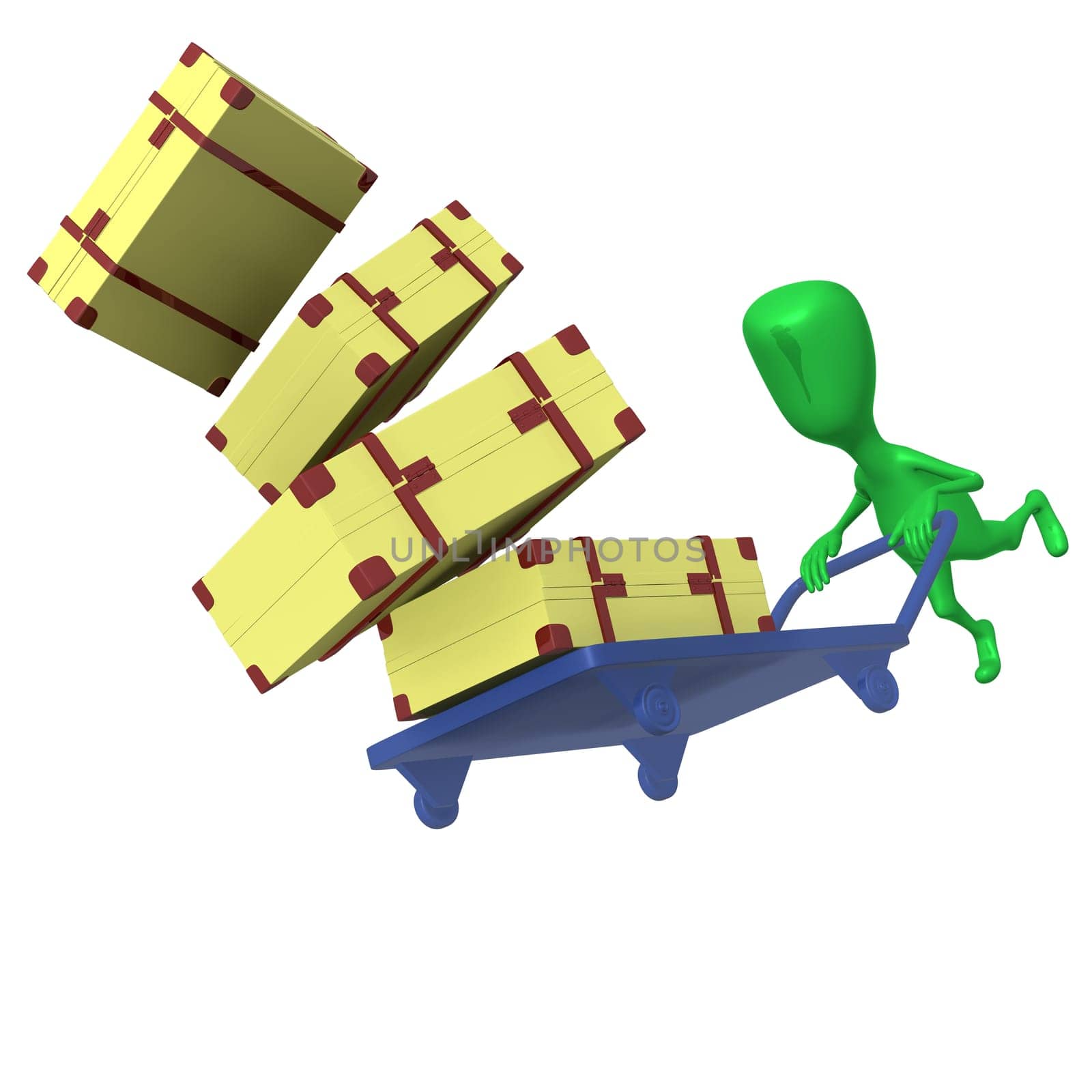 Under view green puppet crash trolley with cases