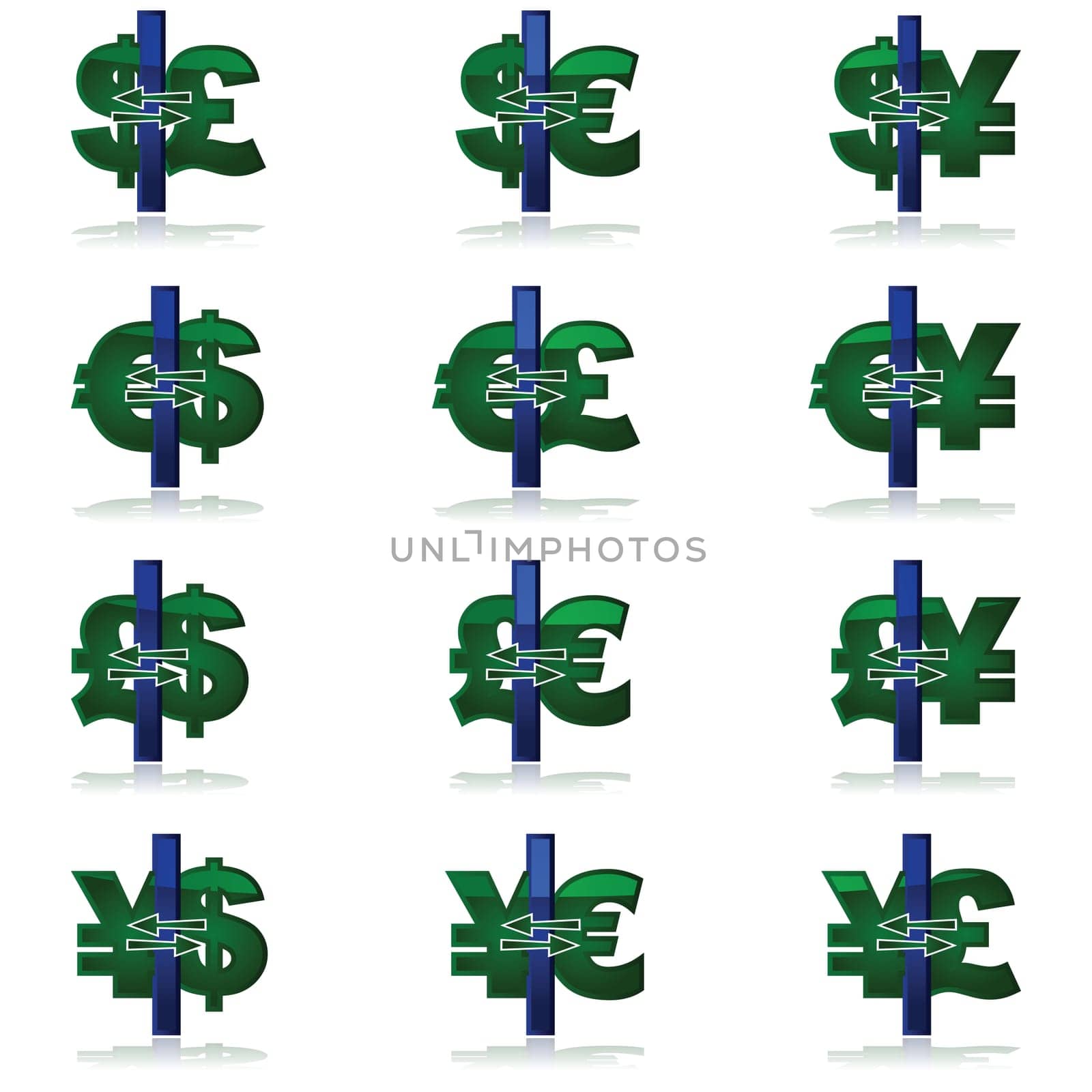 Glossy icon set featuring common currency conversions between dollar, pound, euro and yen