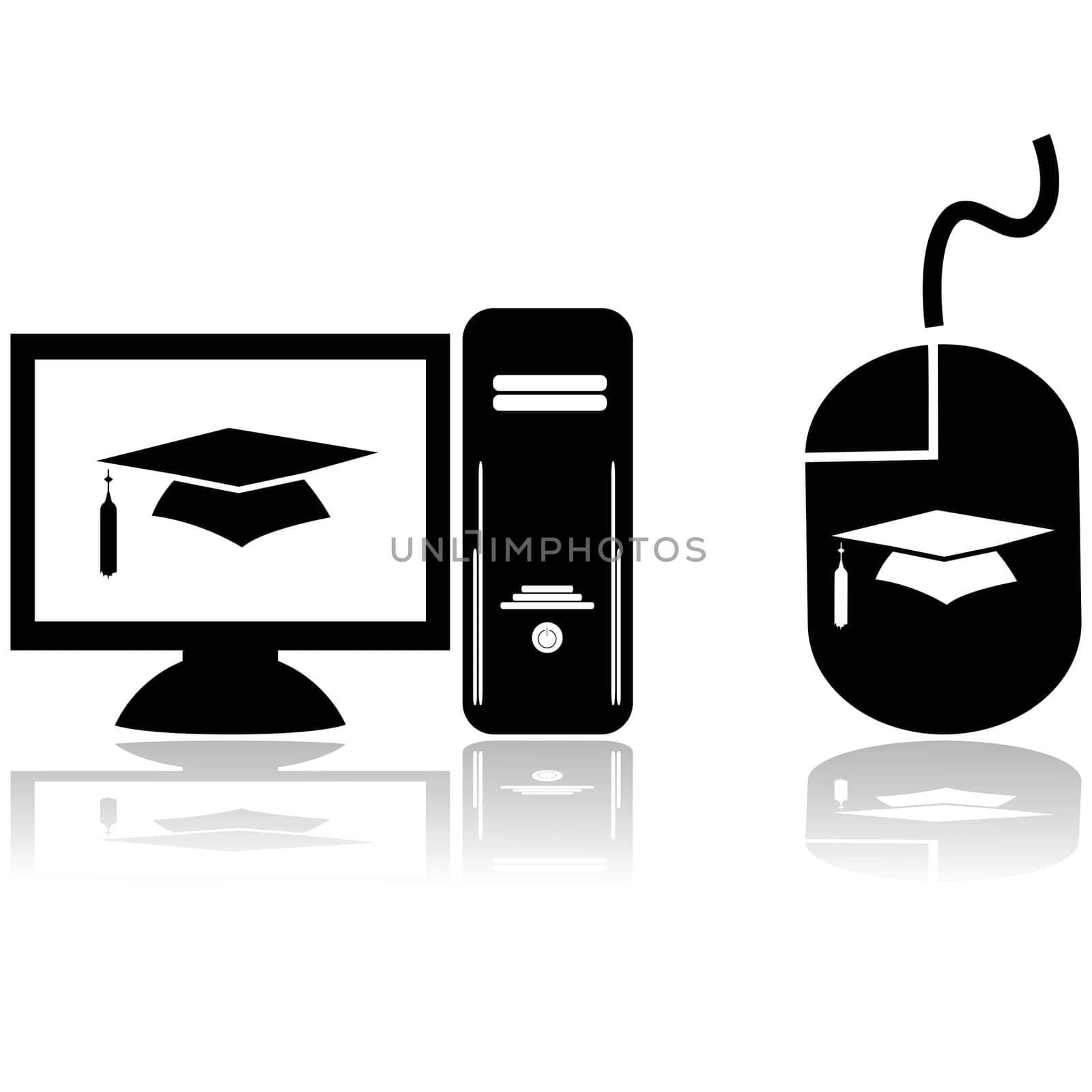 Glossy icons showing a computer with a graduation hat on the screen and a mouse with the same graphic, for distance learning