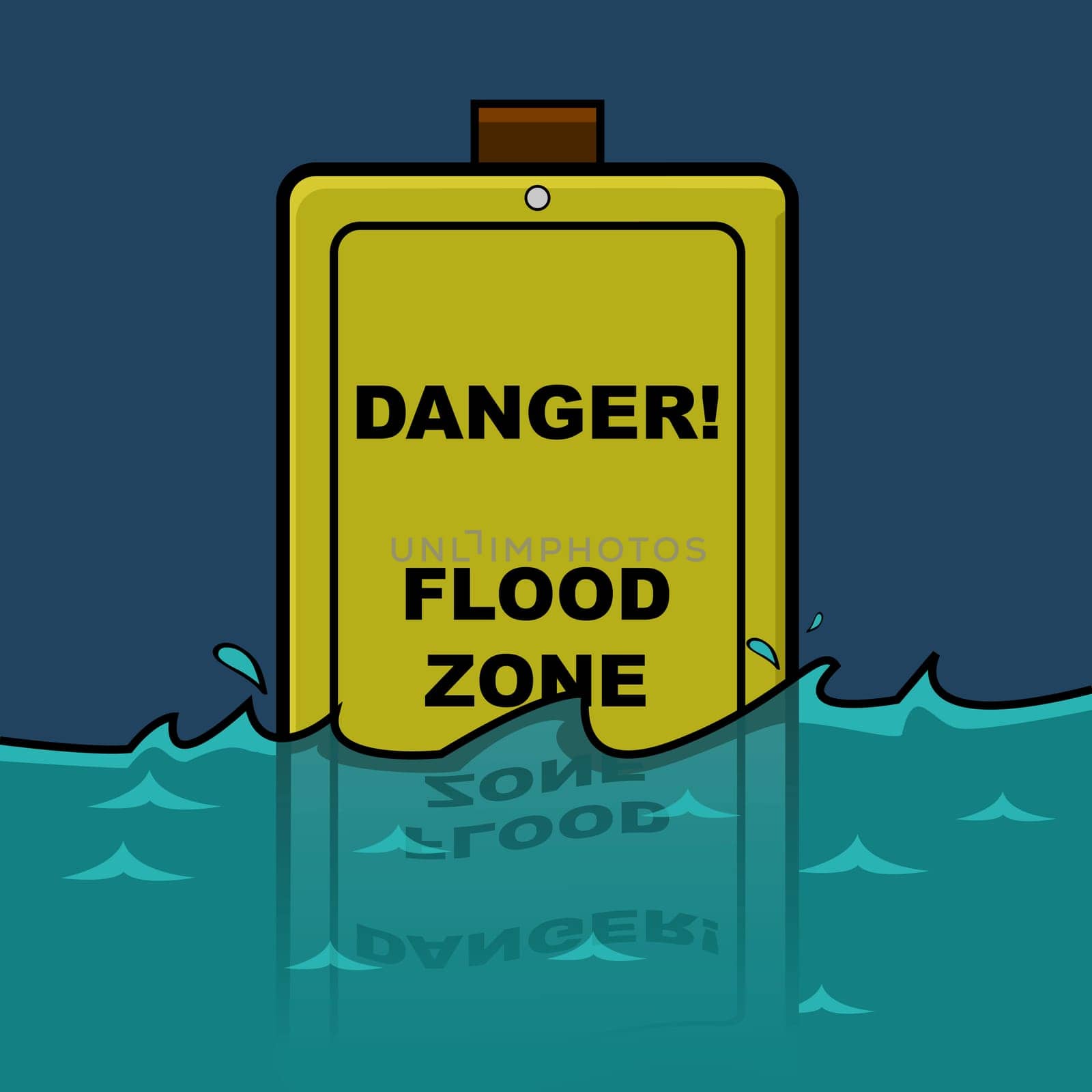 Cartoon illustration showing a traffic sign warning about a Flood Zone, already halfway submerged in water