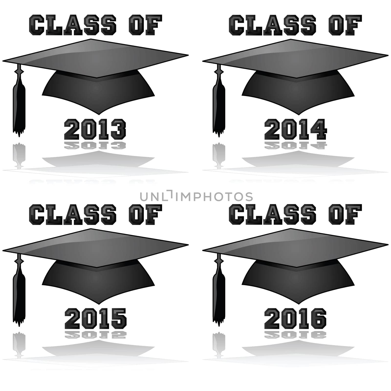 Glossy icon illustration showing a graduation hat and the words Class of for the years 2013, 2014, 2015 and 2016