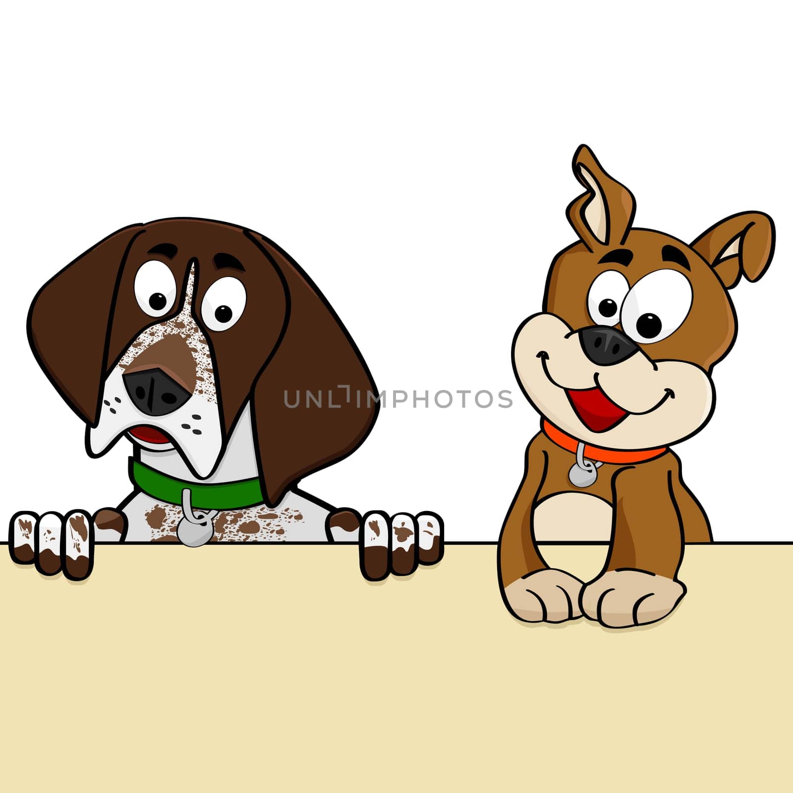 Cartoon illustration showing a couple of dogs looking over a wall