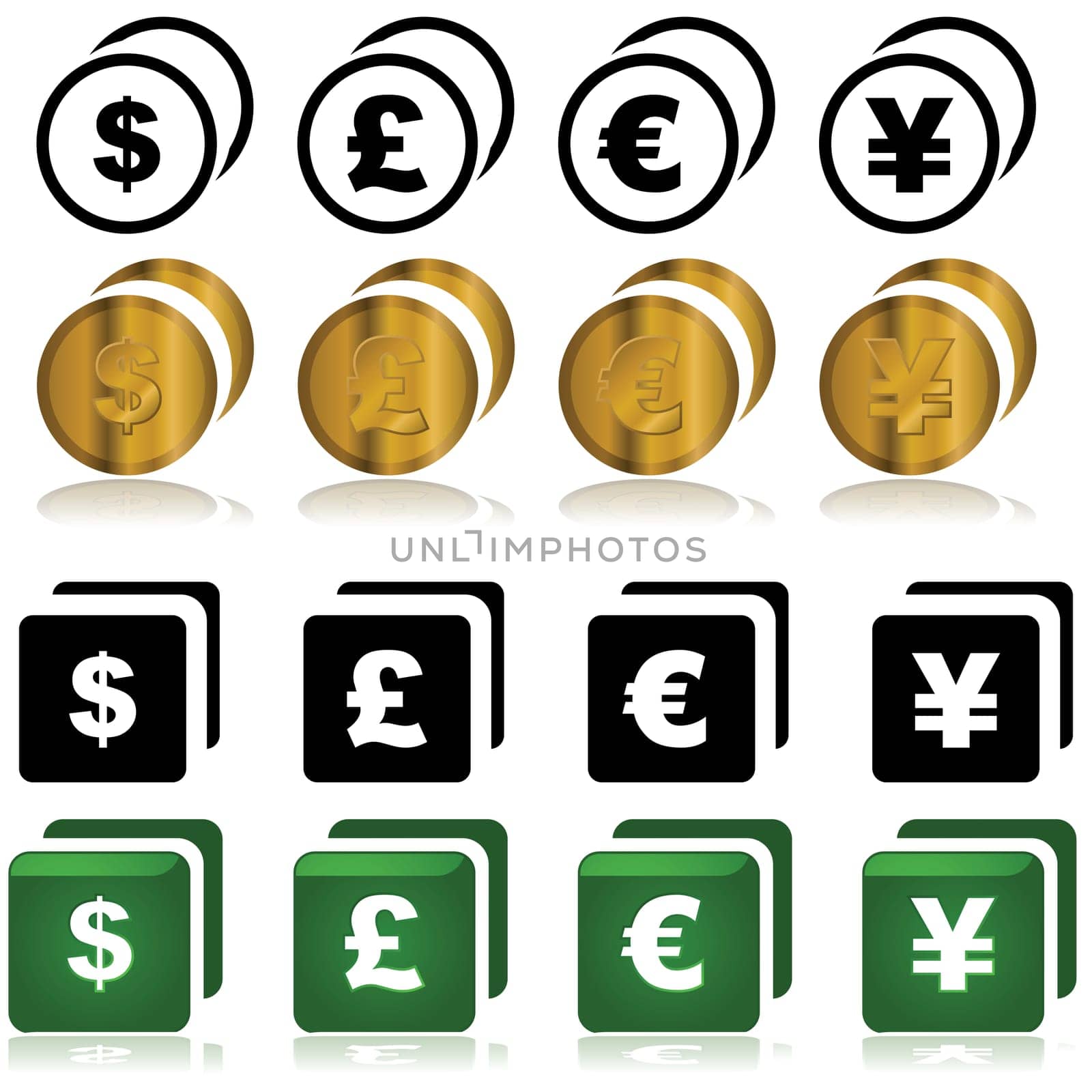 Set of icons showing different currencies