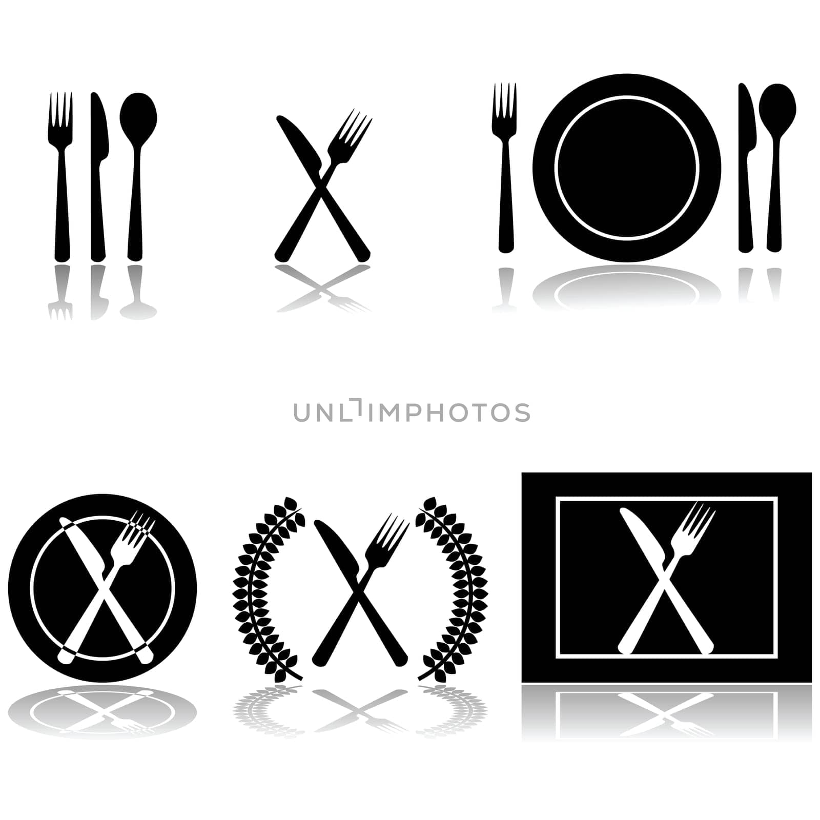 Icon illustrations of fork, knife and spoon arranged in different ways