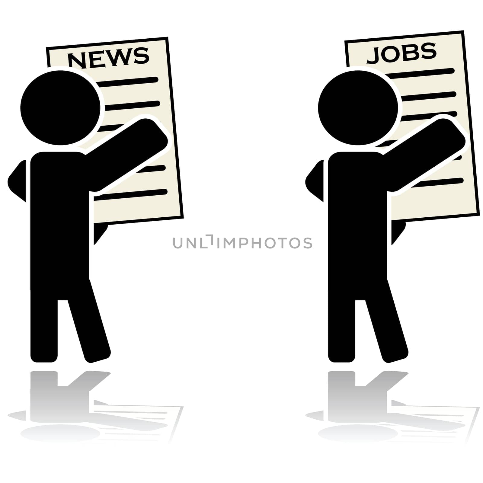 Two icon illustrations showing a man reading a newspaper and another looking for a job