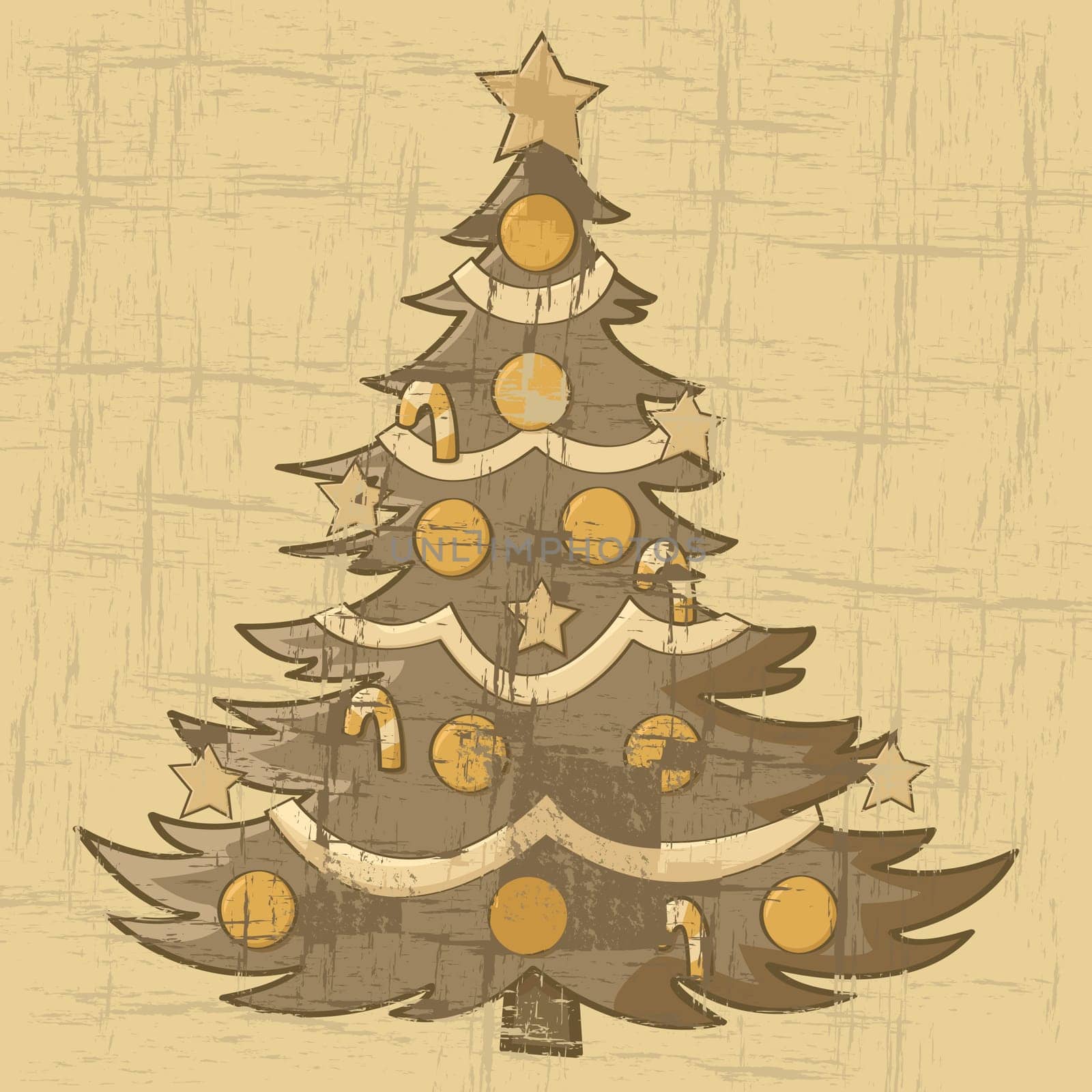 Cartoon illustration of a Christmas tree on an old brown paper