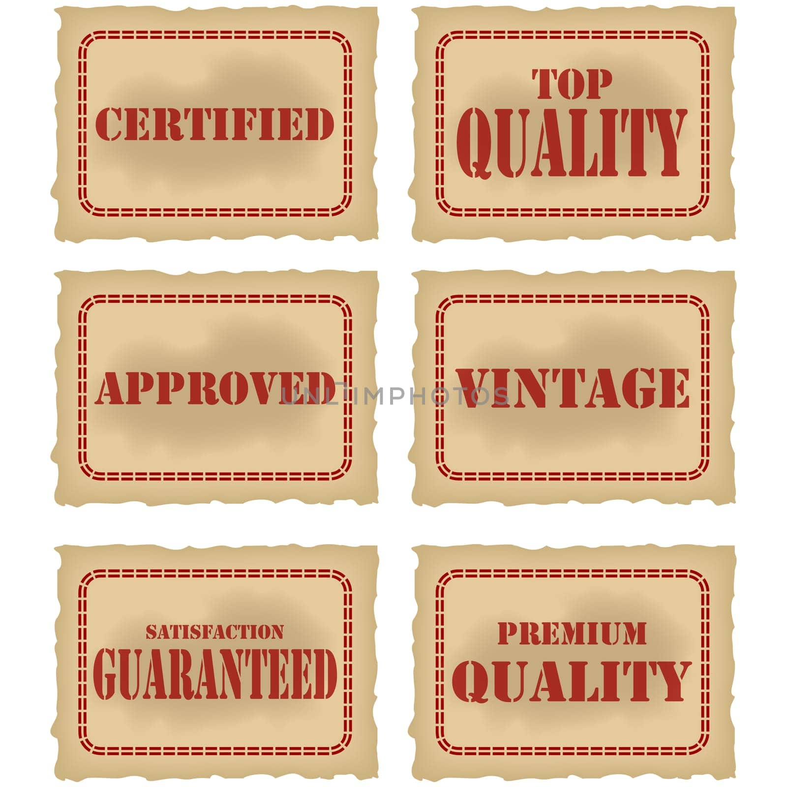 Collection of different seals attesting quality of a product, printed in red over old brown fading paper