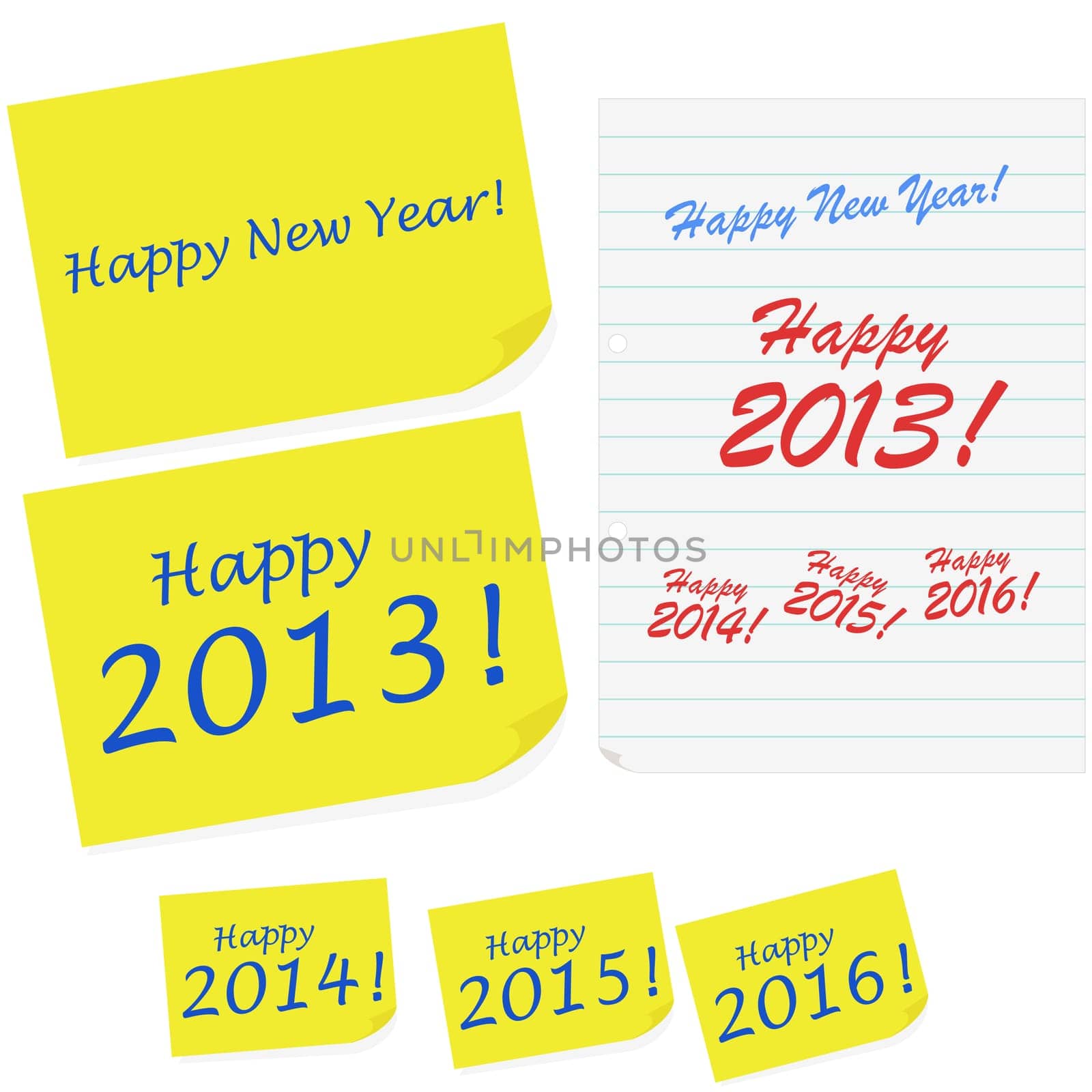 Illustration showing Happy New Year messages written in sticky notes and notebook paper