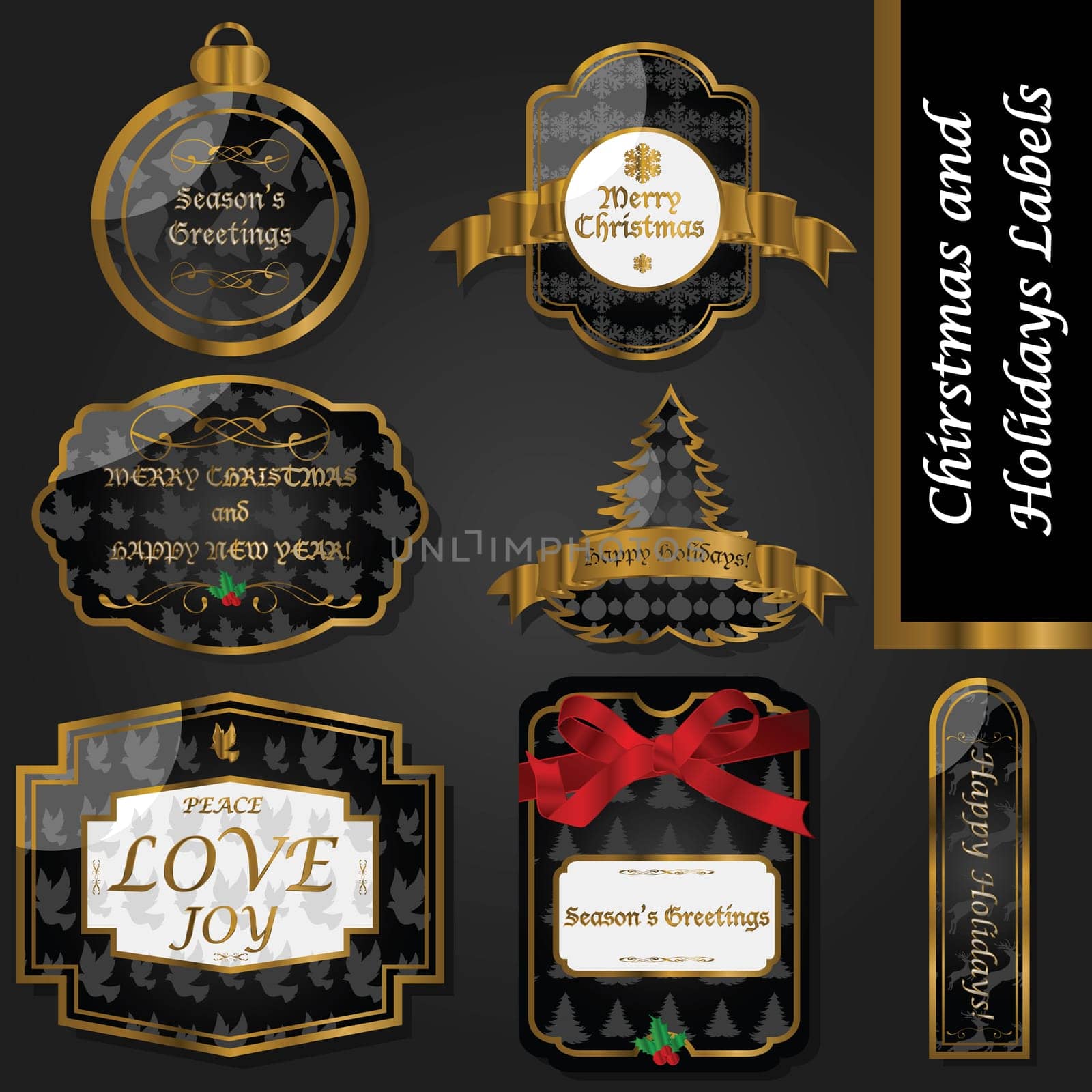 Set of different Christmas and holiday themed gold and black labels