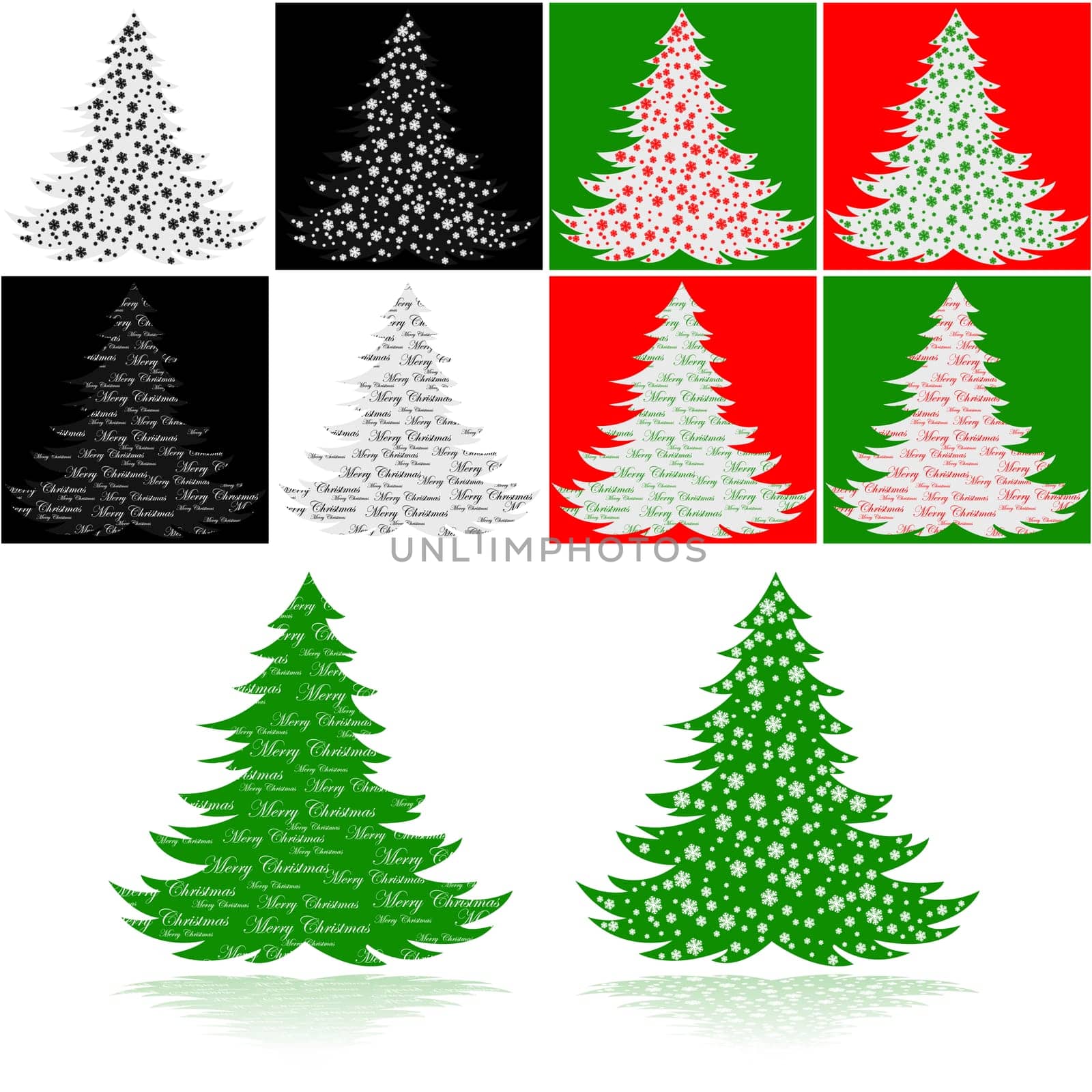 Illustration showing a couple of Christmas trees, one with snowflakes and the other with the message "Merry Christmas"" in different color schemes"