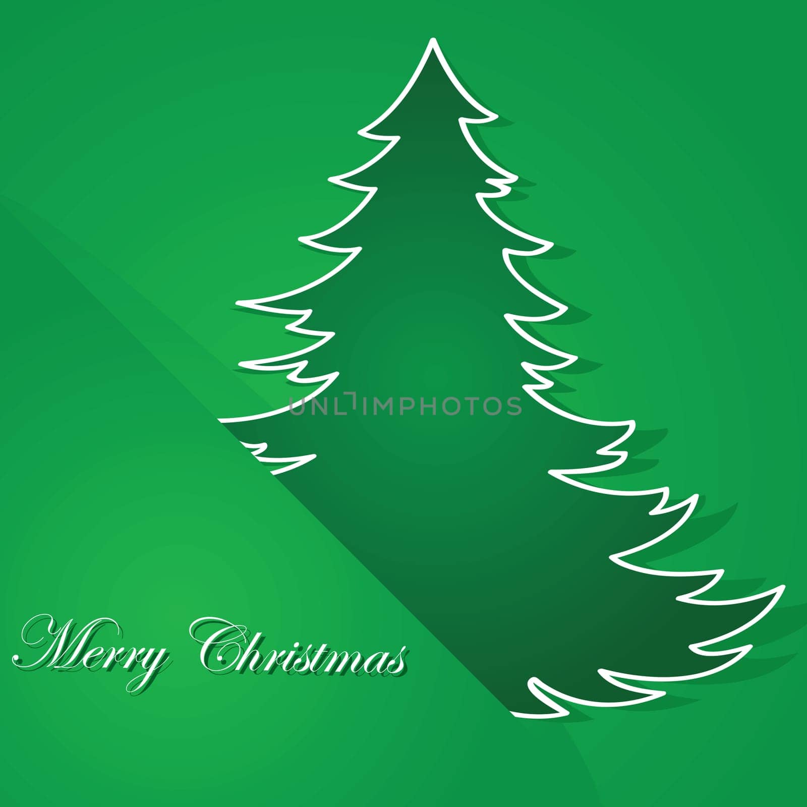 Christmas themed illustration showing a green background and a cartoon tree tucked inside a corner of it
