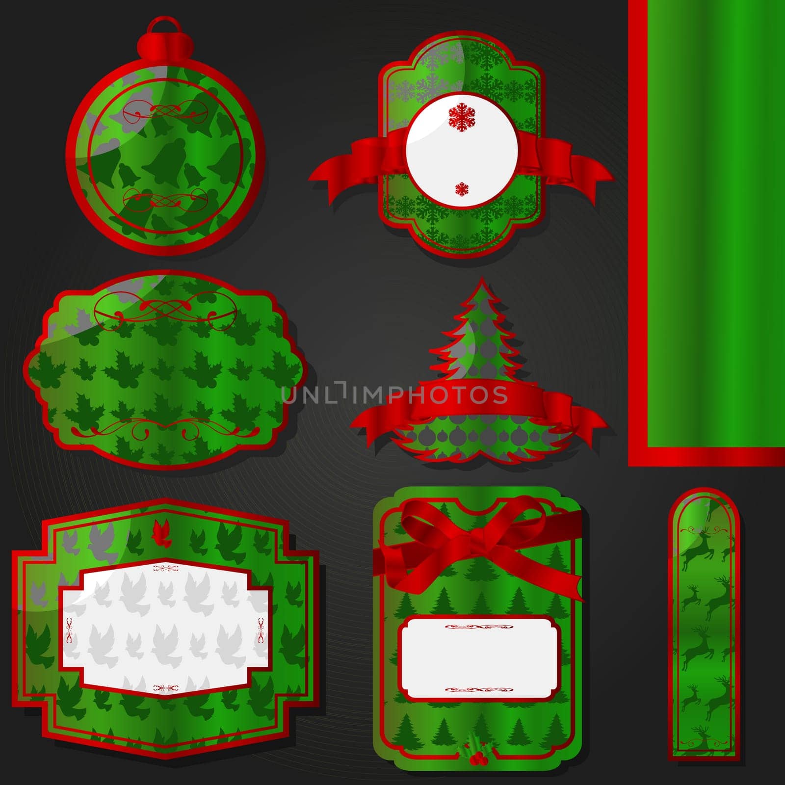 Set of different Christmas and holiday themed red and green labels