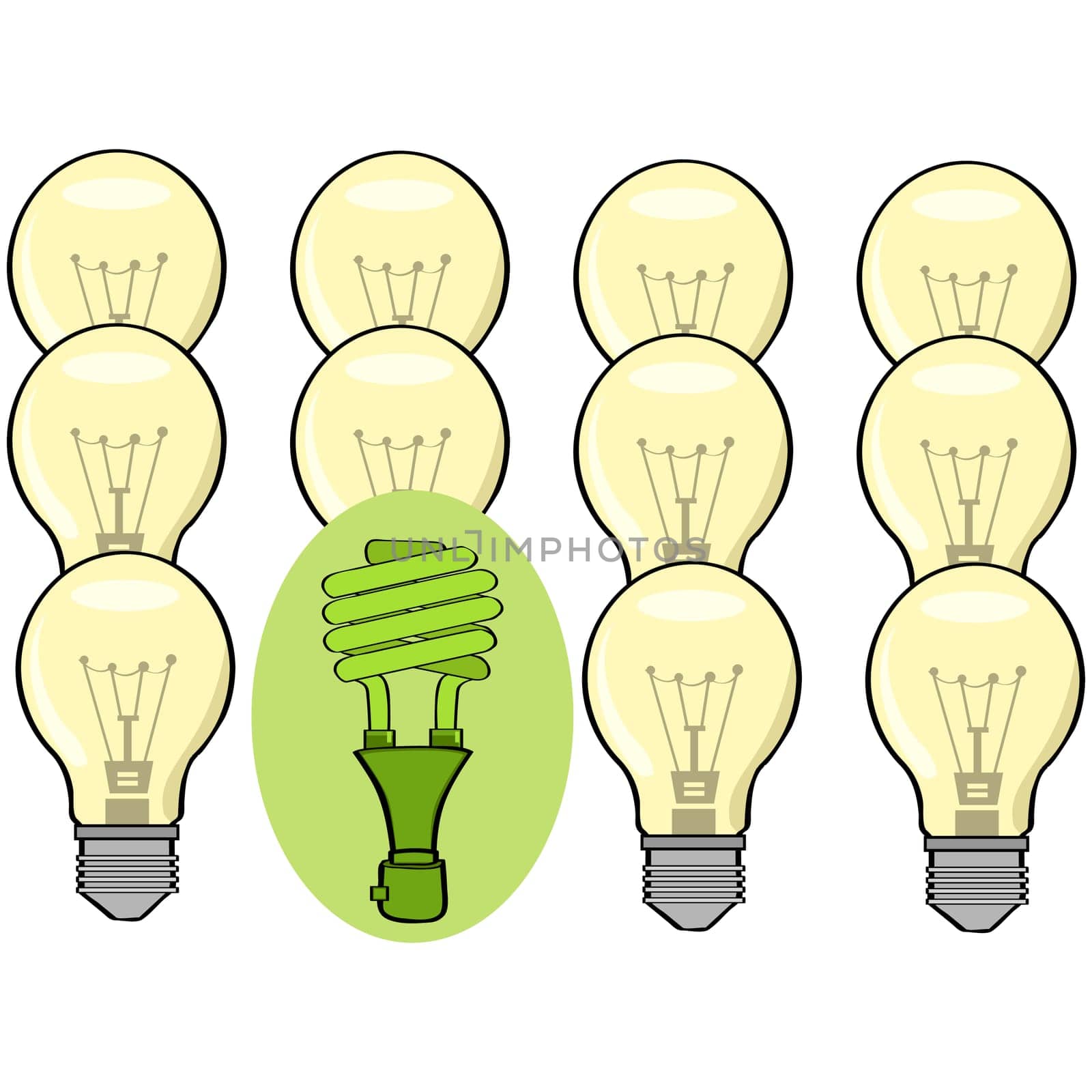Concept illustration showing a green fluorescent lamp standing out among regular incandescent ones