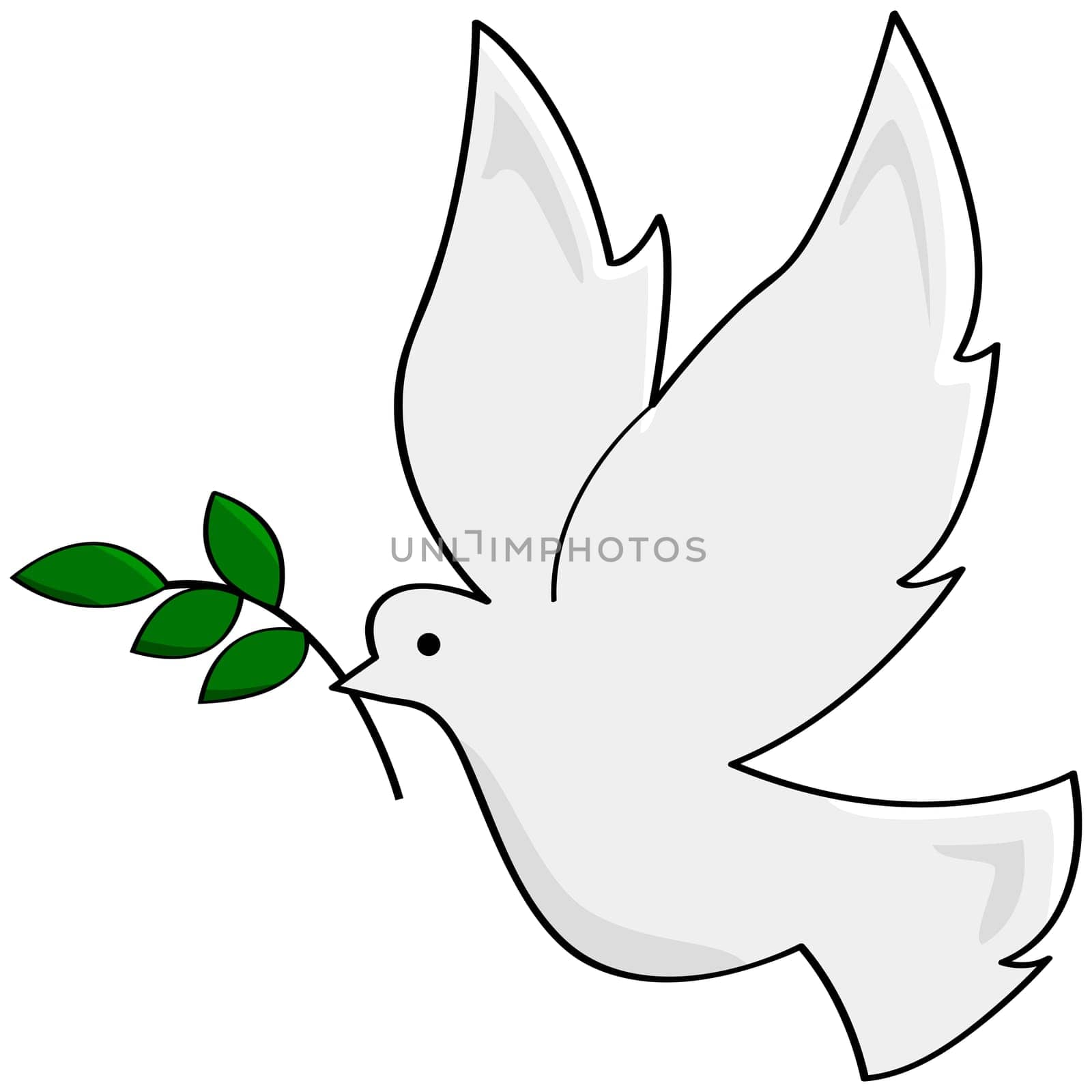 Cartoon illustration showing a white dove carrying a small branch, symbolizing peace