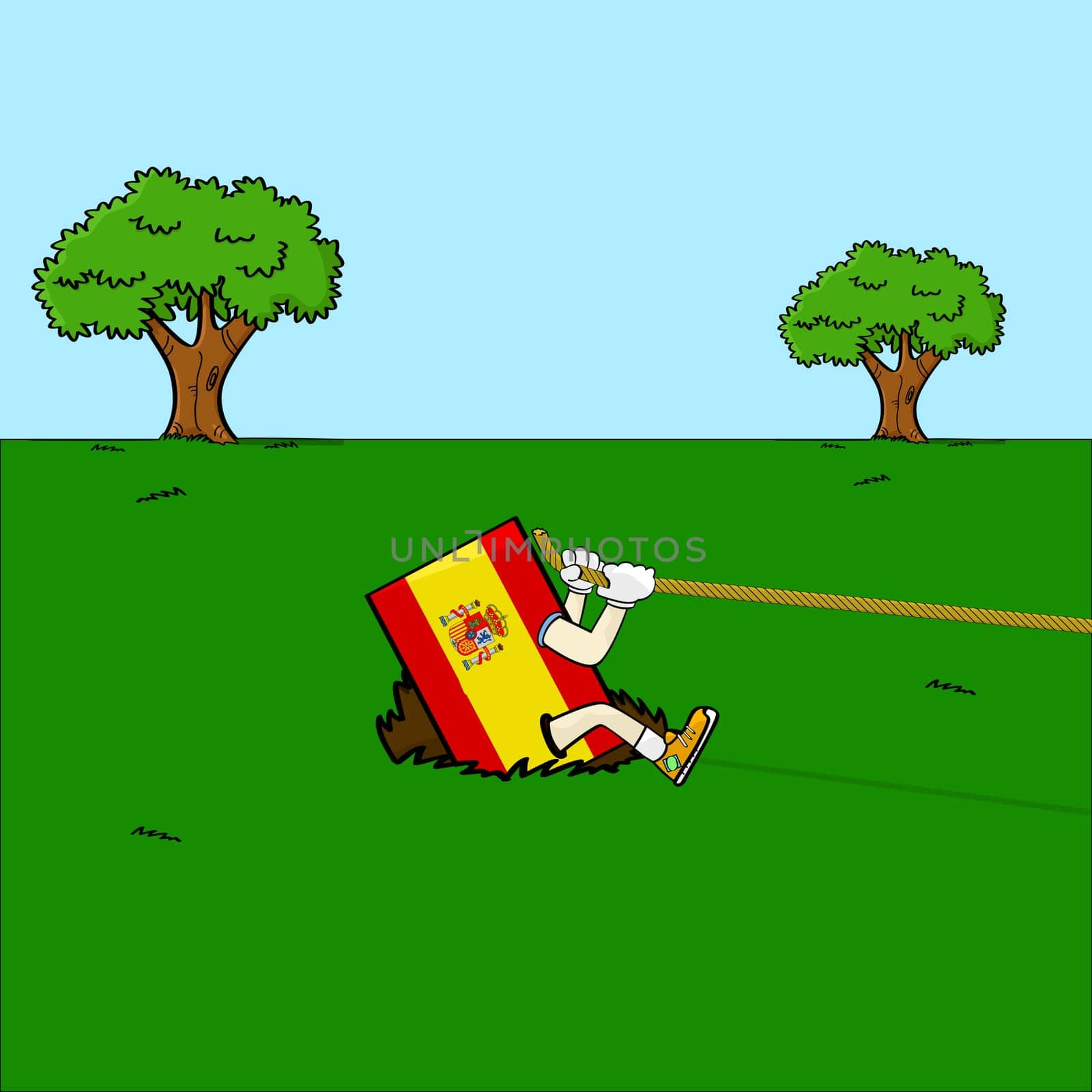 Concept illustration showing a flag of Spain with arms and legs holding on to a rope trying to get out of a hole