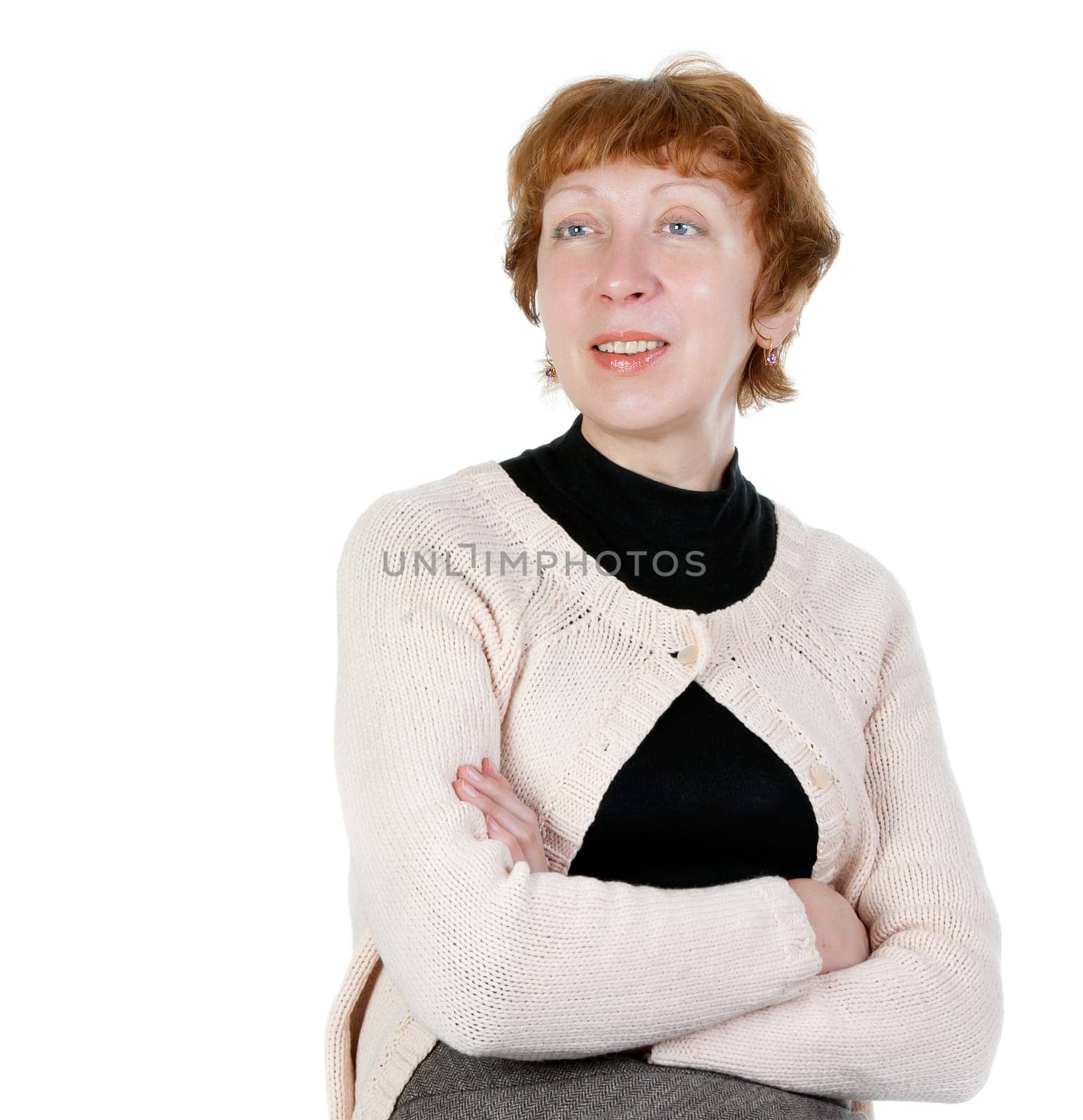 Portrait of middle-aged woman in the studio on a white background