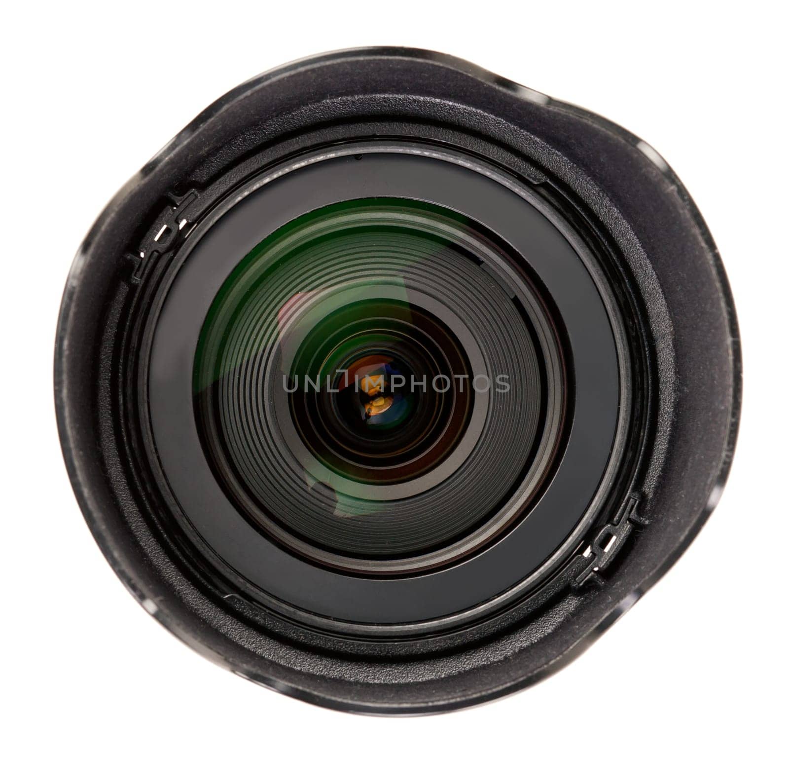Black lens with a hood isolated on white background