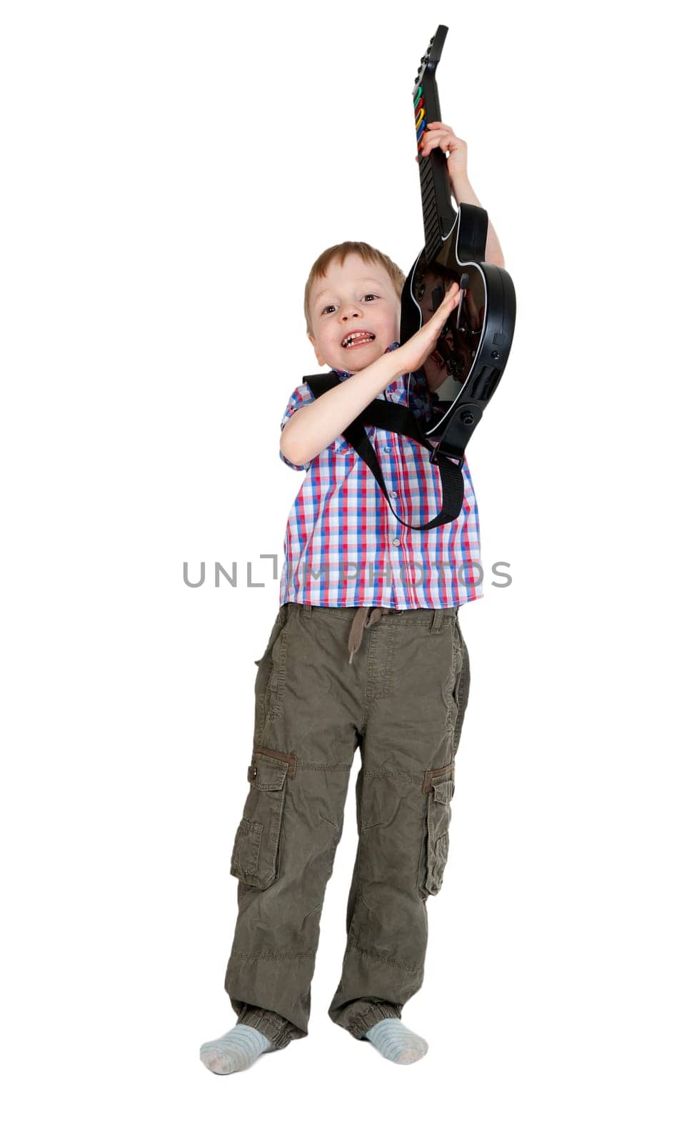The boy with the electronic guitar isolated on white background