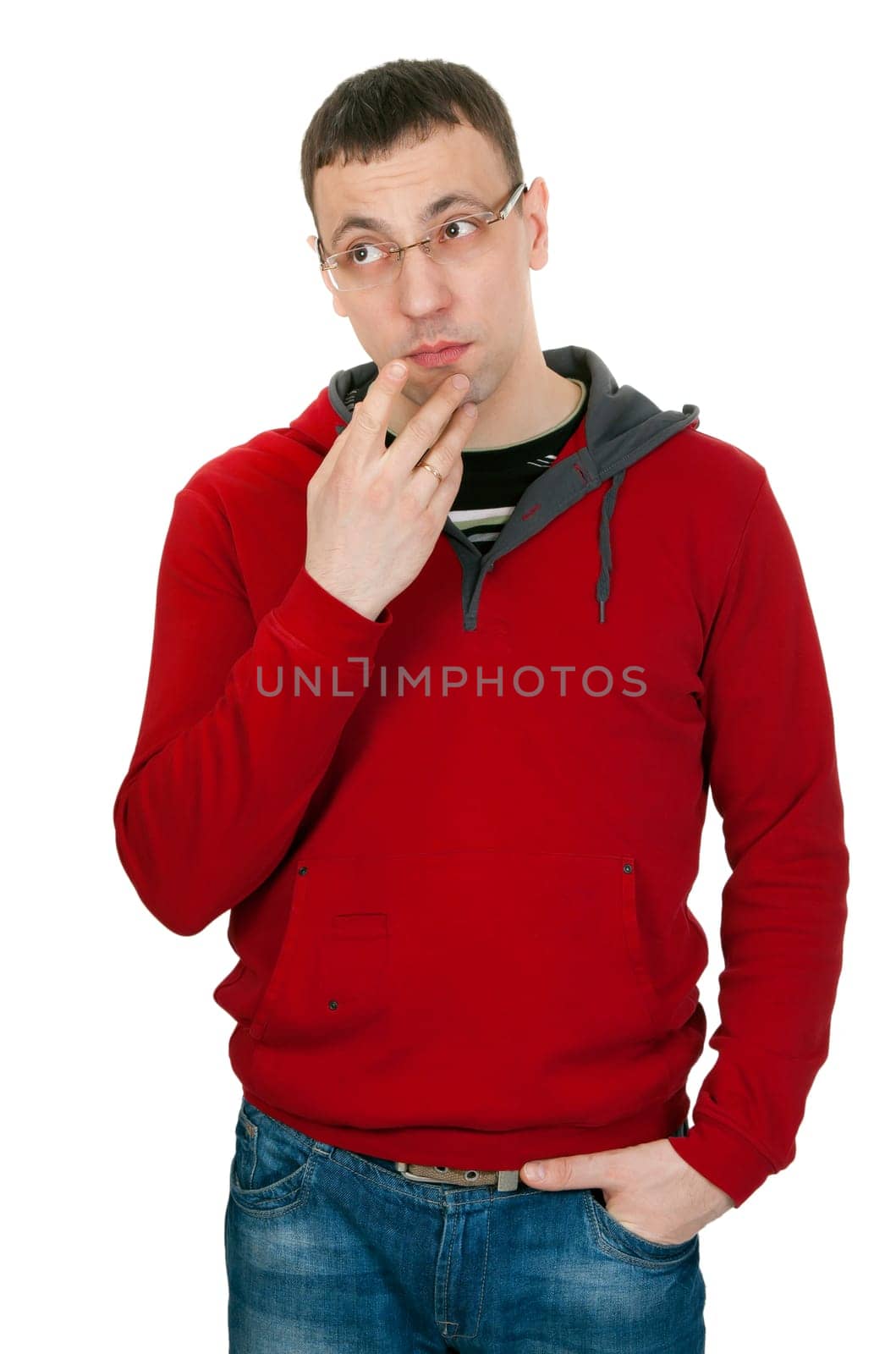 Portrait of a pensive man isolated on white background