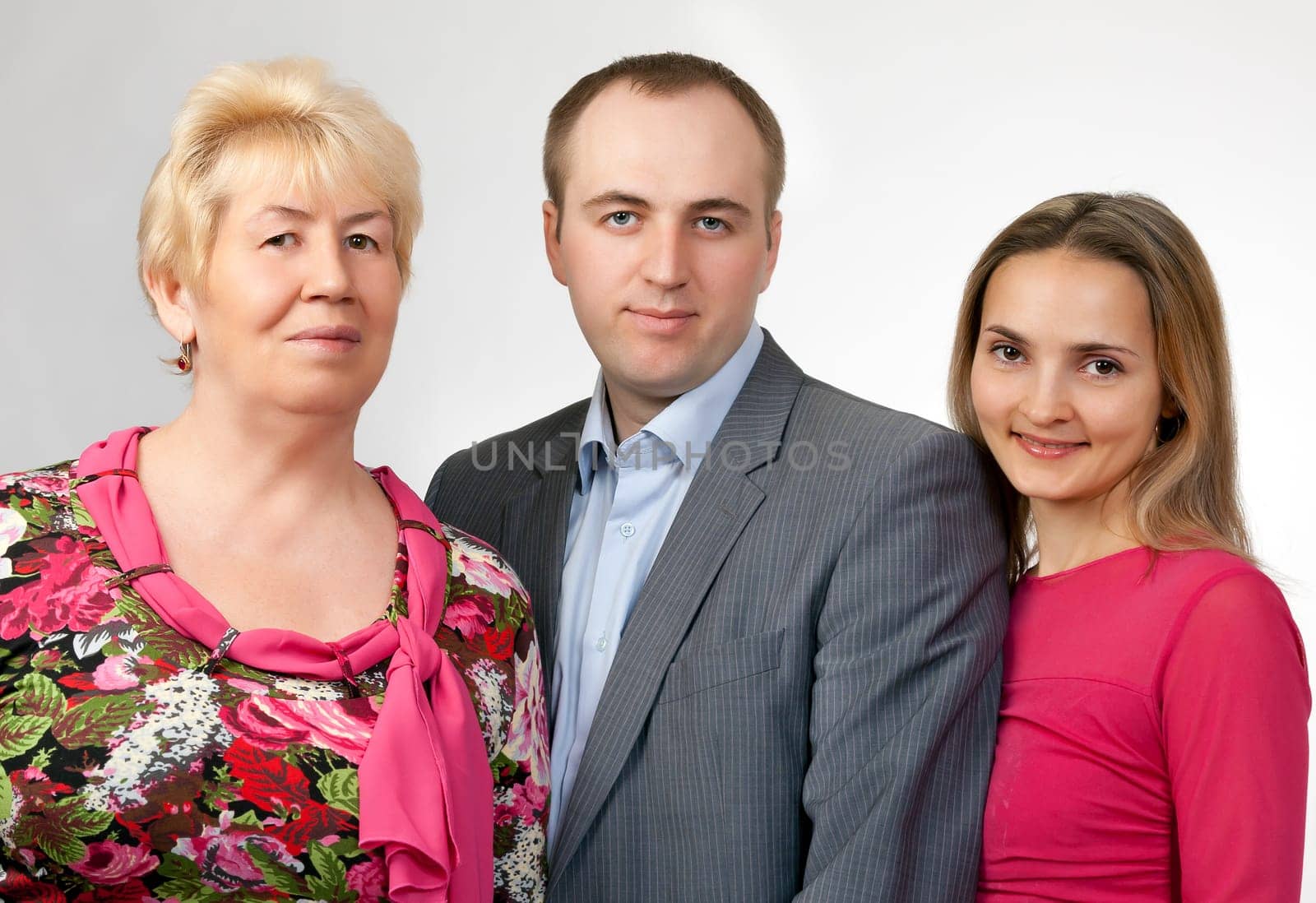family portrait, grandmother, son, daughter, isolate on white