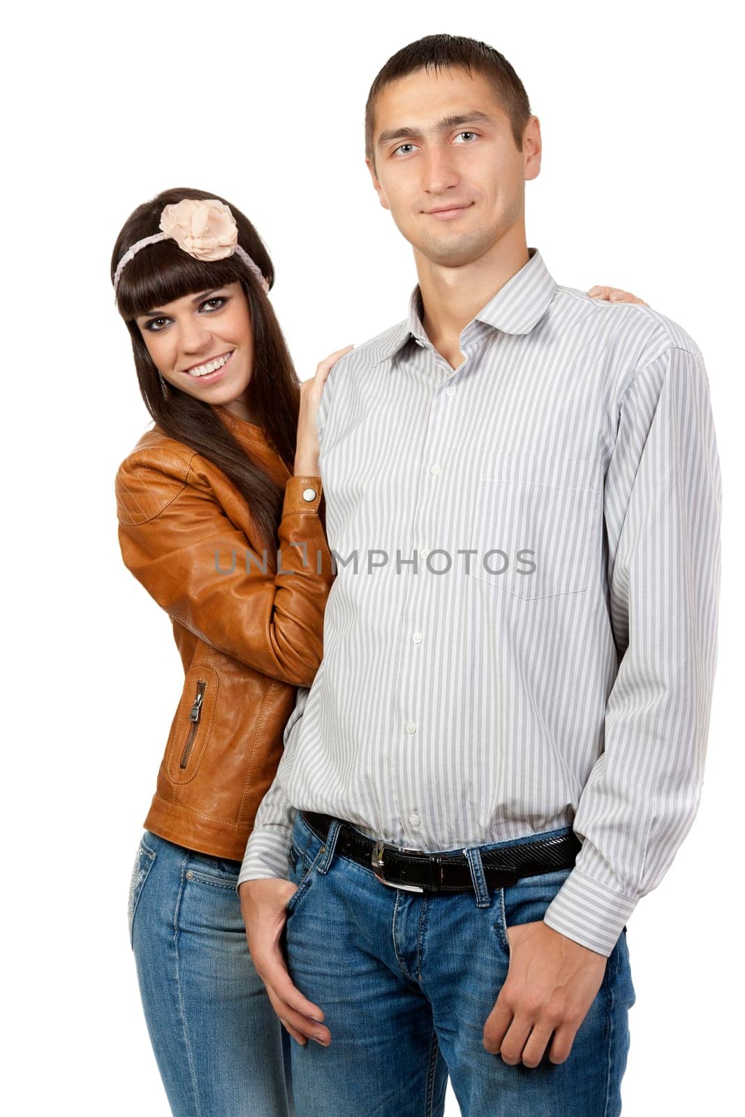 young Caucasian couple smiling happy isolated on white background.