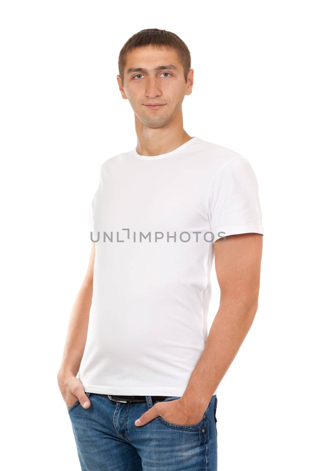 portrait of a handsome man in a white dress in the studio