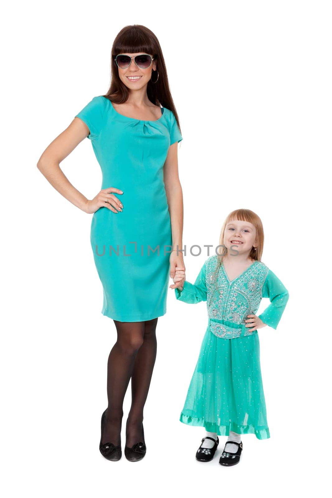 A portrait of a Glamour mother and her baby girl,  in sunglasses over white background